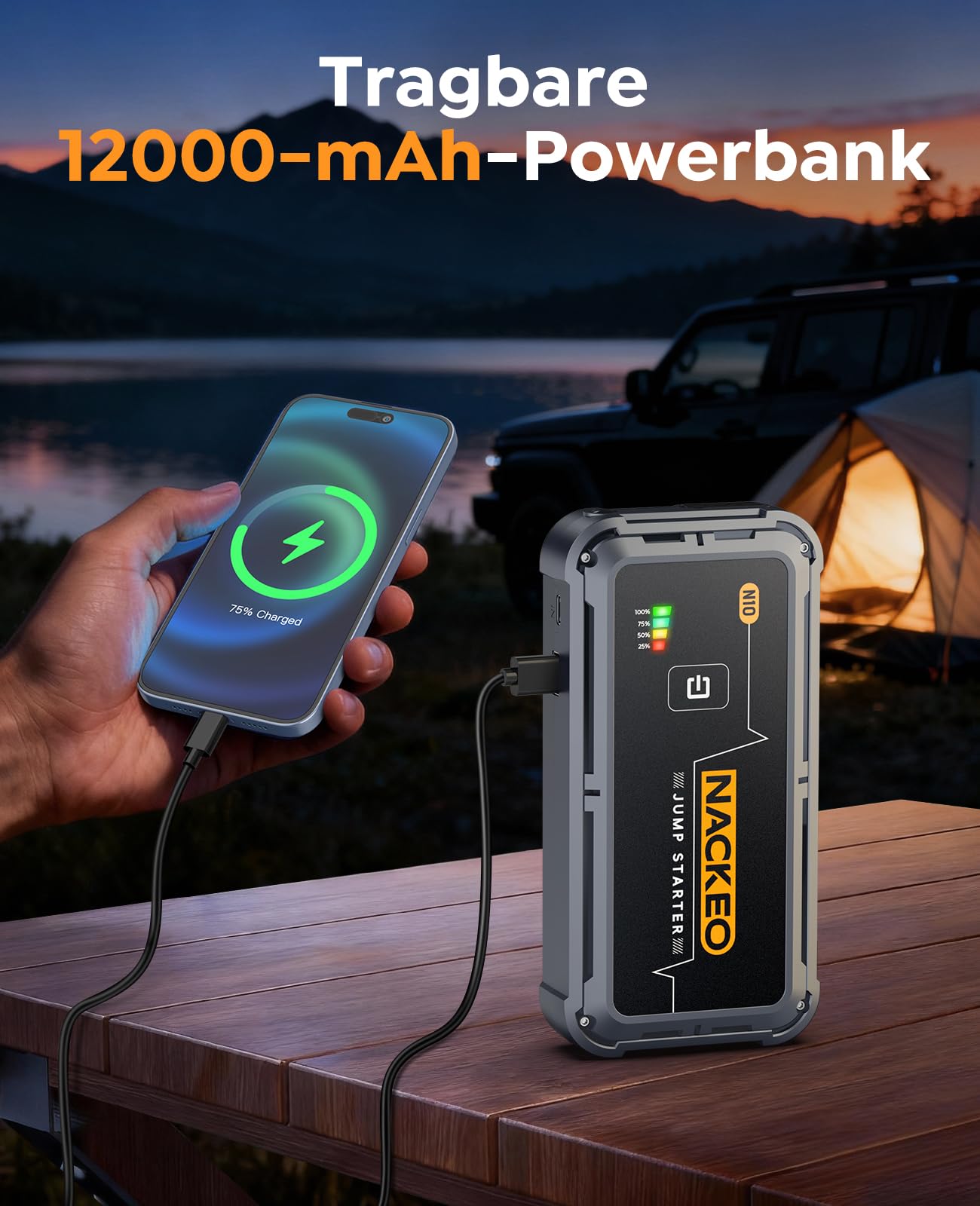 Starthilfe Powerbank 5000A, 12V Starthilfegerät für PKW, SUV und Motorrad, Auto Starthilfe für 9L Benzin und 8.5L Diesel, Tragbarer Jump Starter mit Starthilfekabeln, LED-Notlicht, Kompakt