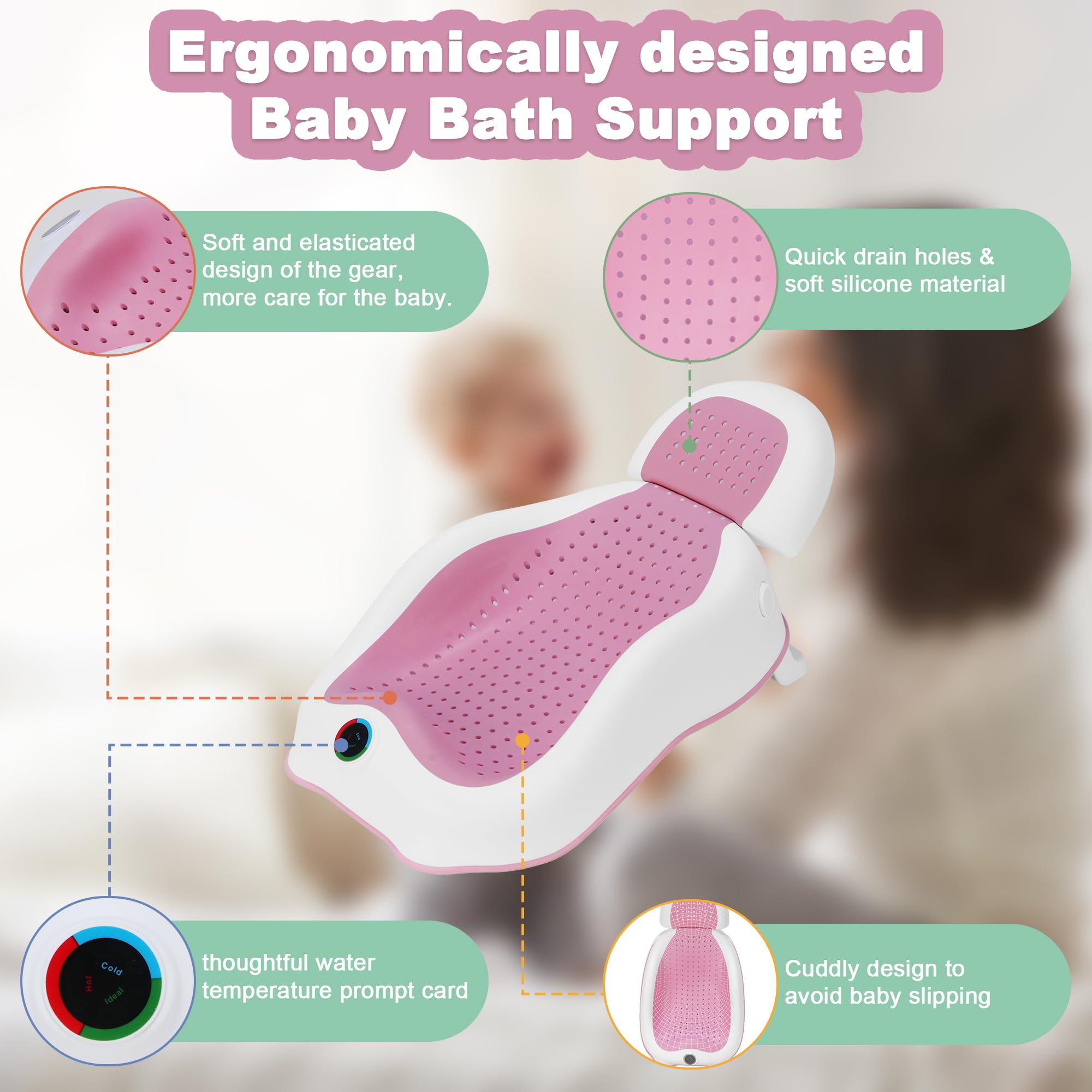 babove Soporte de baño para bebé | Bañera recién nacida, diseñada ergonómicamente con termómetro, bañera plegable para bebé, bañeras de bebé para bañeras de bebé esenciales para recién nacidos (rosa)