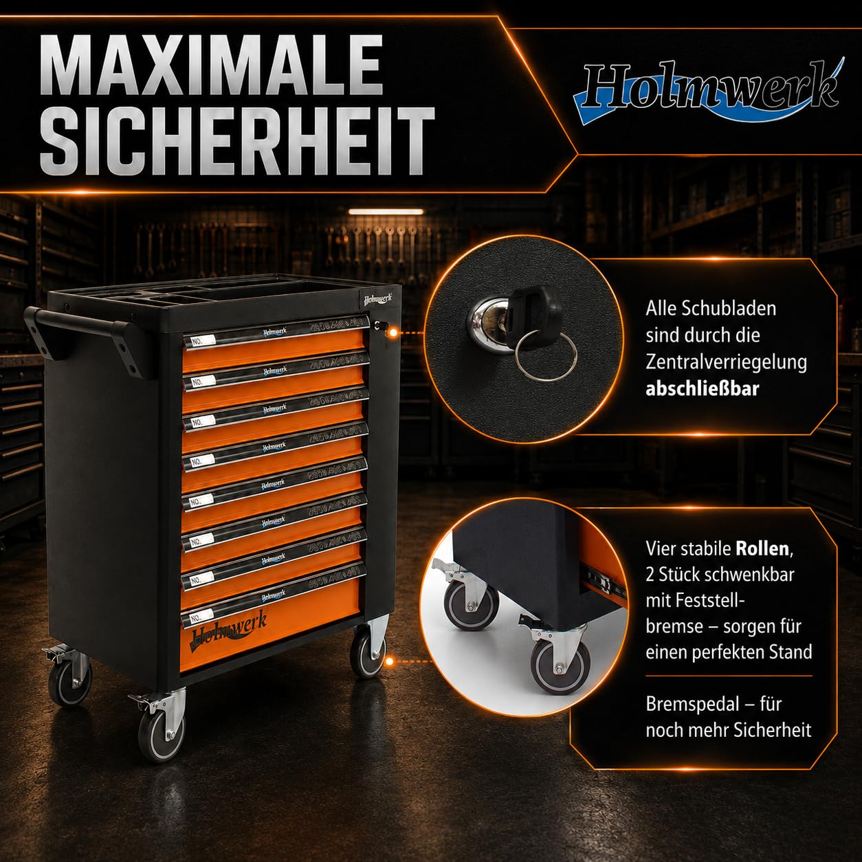 Werkstattwagen leer mit 8 Schubladen und Seitentür, Werkzeugwagen Montagewagen abschließbar mit Vollauszug, ABS-Ablage, 125 mm Rollen, Stahl, Orange Schwarz, für Werkstatt Garage Kfz