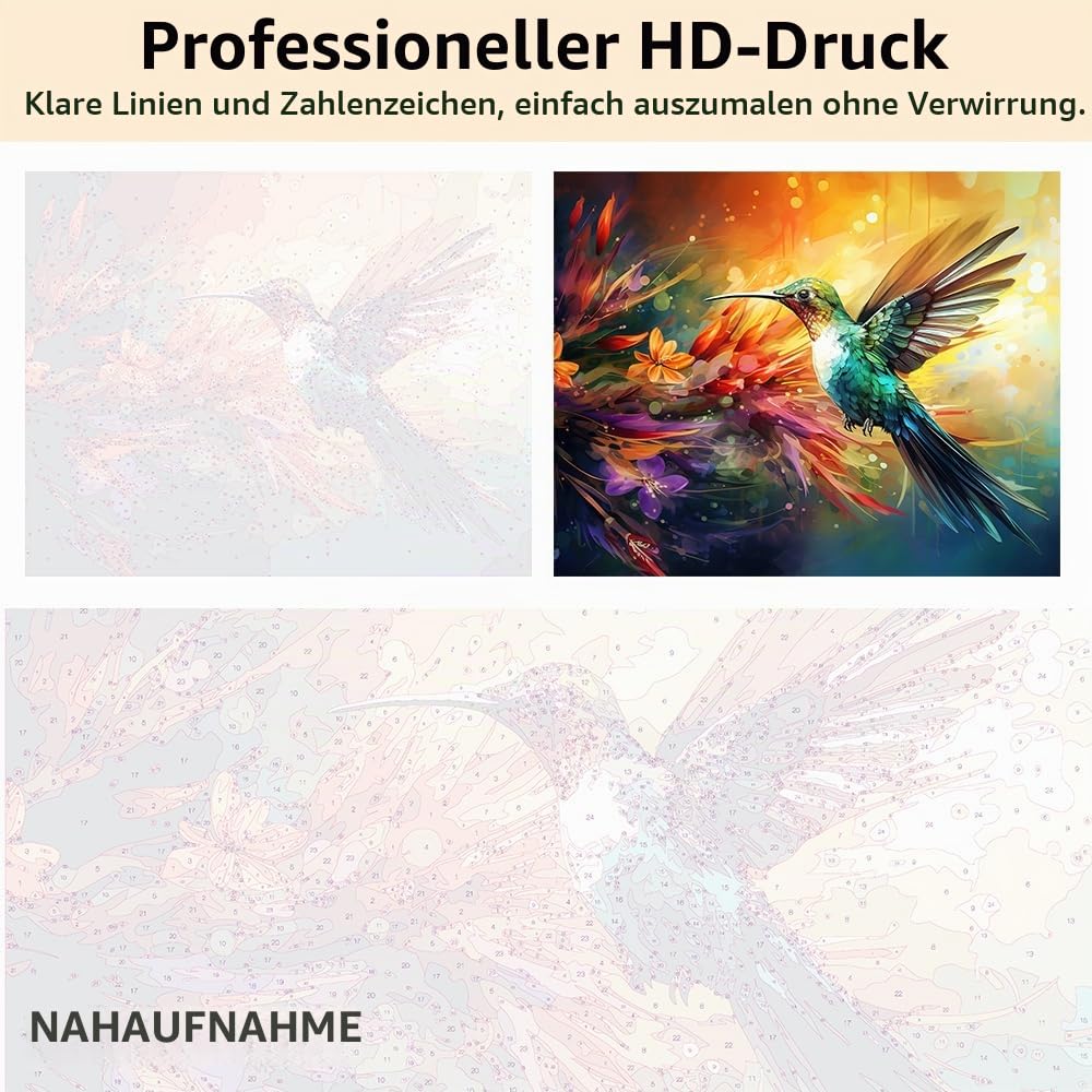 TISHIRON DIY Malen nach Zahlen Kolibri im Flug Malen nach Zahlen für Erwachsene mit Pinseln Farbe Tier Acrylmalerei nach Zahlen Kits auf Leinwand Kunsthandwerk-40x50 cm(Gerahmt)