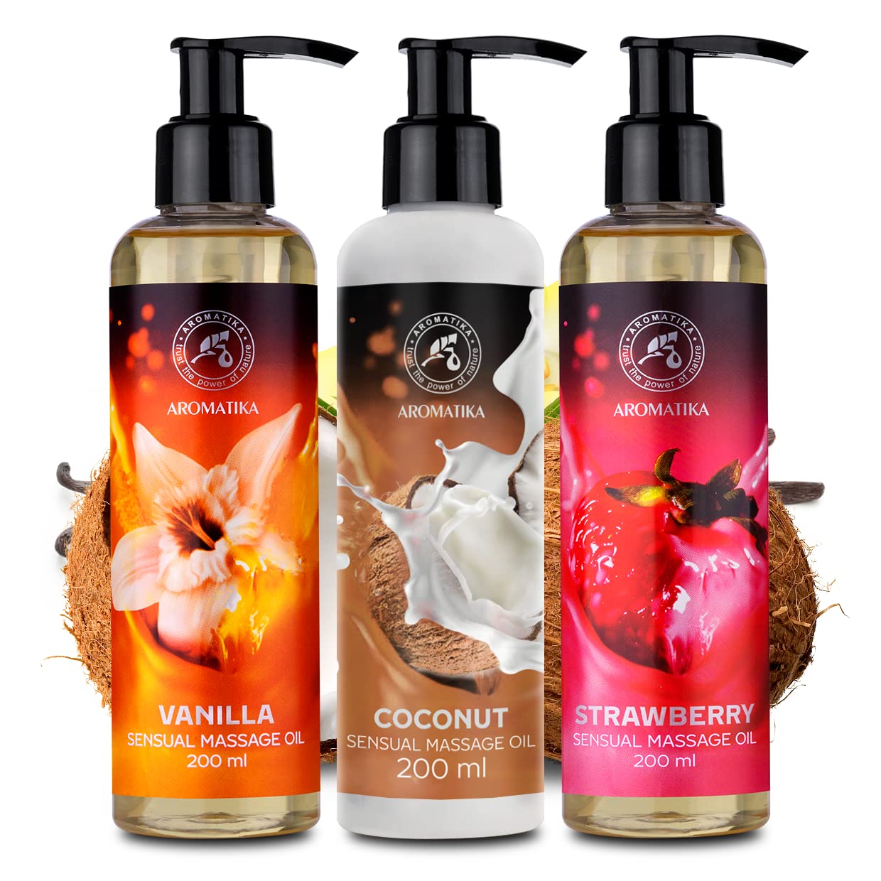 Olio da Massaggio Sensuale Vaniglia - Cocco - Fragola 3x200ml - Olio di Сocco - Oli di Mandorle e Vinaccioli - Commestibile - Olio per Momenti Emozionanti - Olio per Massaggi Rilassante