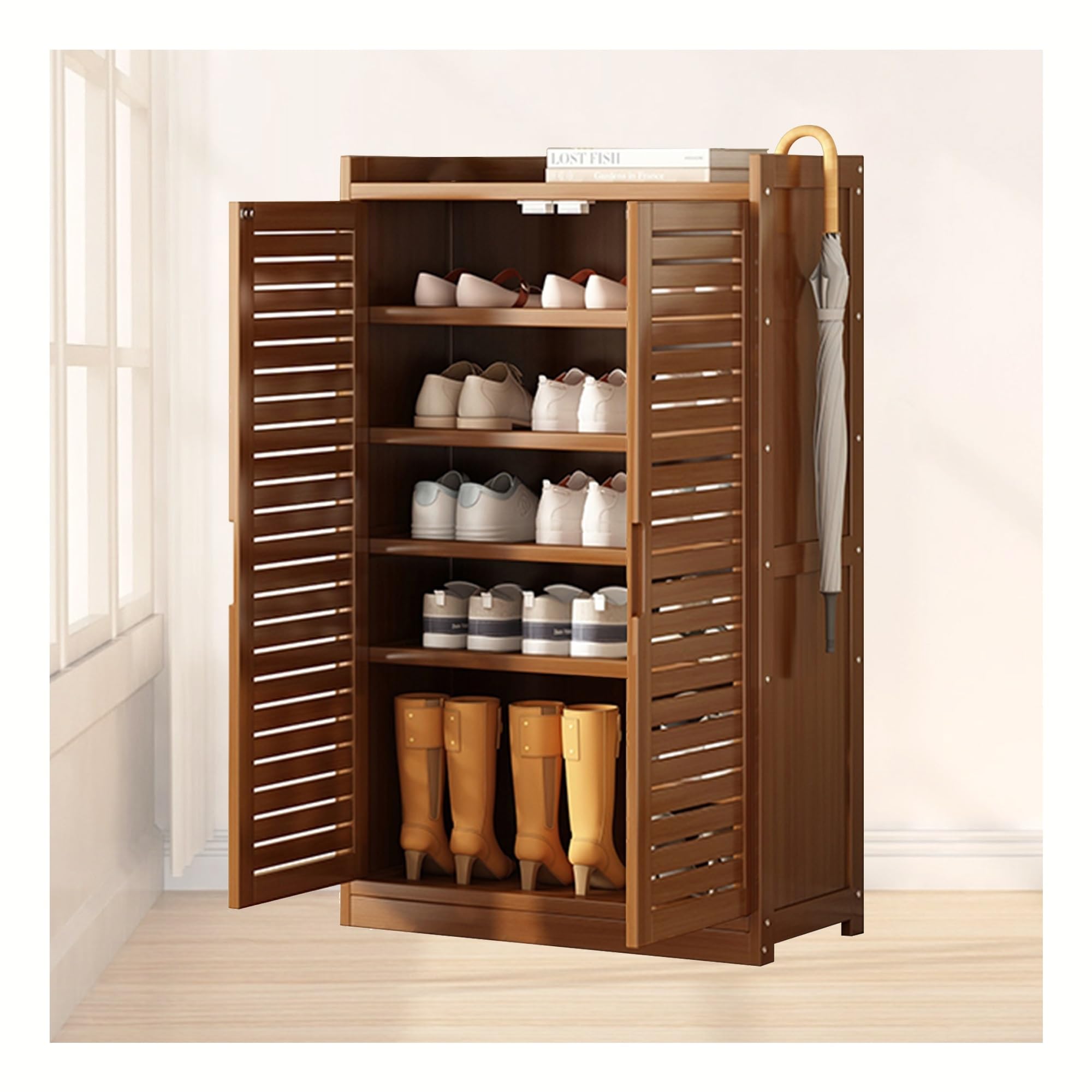 Meuble à chaussures en bambou d'ébénisterie fonctionnelle avec portes à volets design