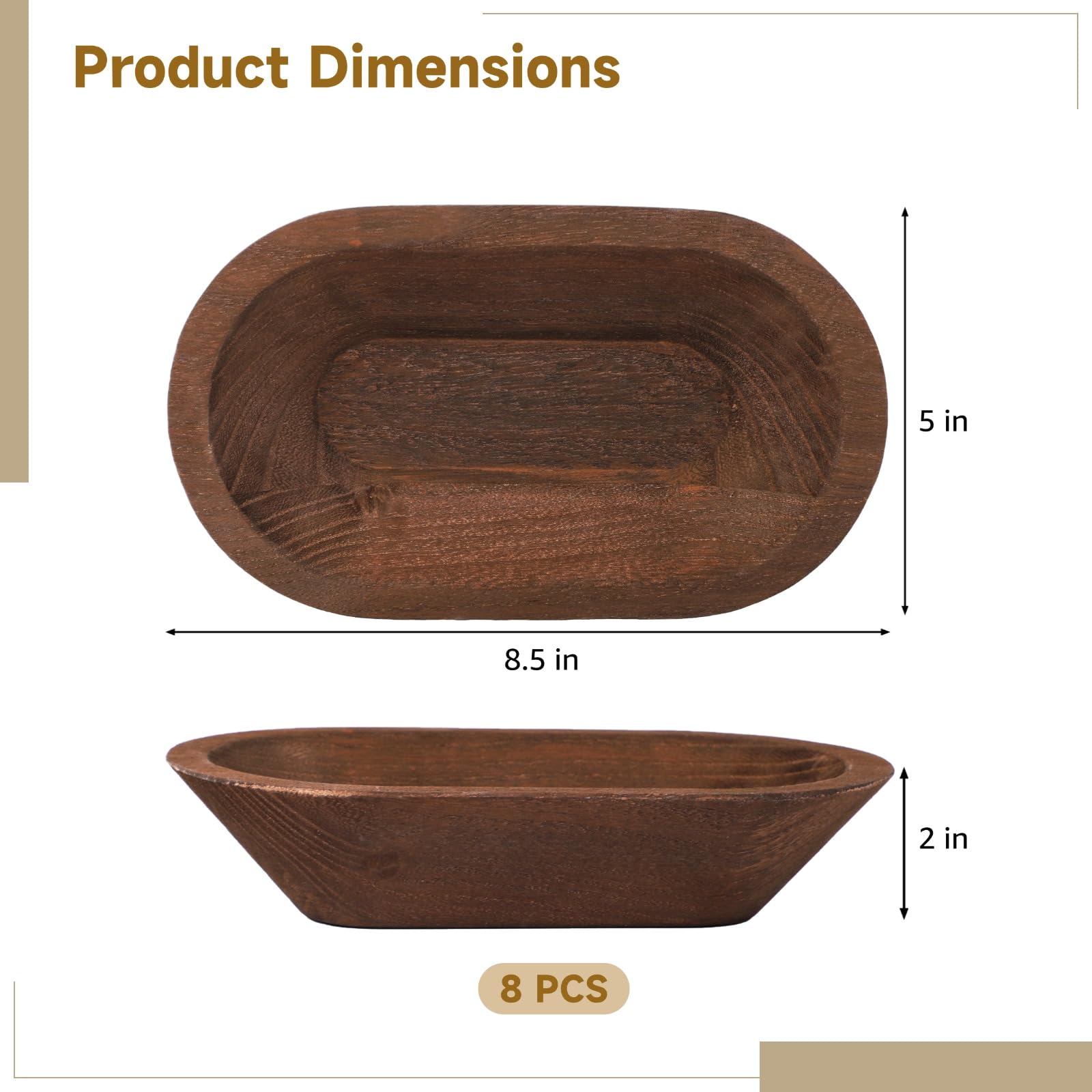 8 ciotole in legno per impasto, ciotole decorative in legno ovali rustiche per uso domestico, finitura liscia marrone scuro per, servire cibo e decorazione della fattoria