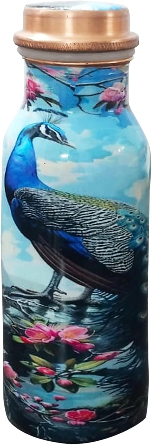 Small Copper Water Bottle 17 OZ/500 ML Peacock Meenakari Drinking Flask Ayurvedic Leakproof Bottle for Sports, Yoga & Travel