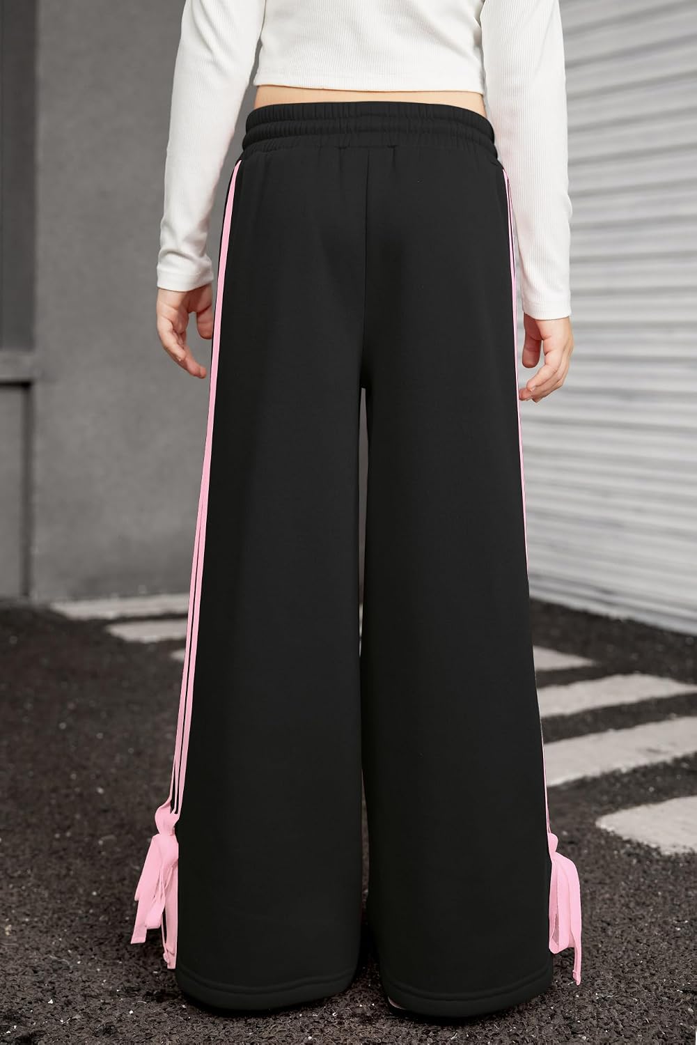 Girls Striped Fleece Lined Sweatpants Y2K Wide Leg Streetwear Pants