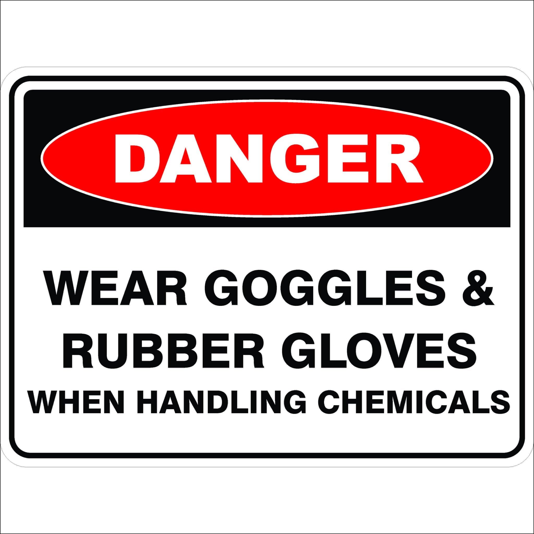 Wear Goggles And Rubber Gloves When Handling Chemicals Danger Signs, 12x8 Metal Tin Sign, Wear goggles and gloves for chemical handling.