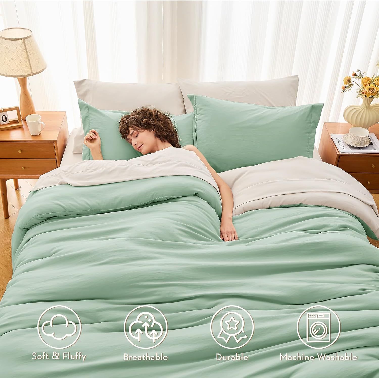 MUXHOMO 7 Pieces Queen Comforter Set, Soft Bed in a Bag Queen Size, All Season Bedding Set with Comforter, Flat Sheet, Fitted Sheet, Pillowcases & Shams, Sage Green & Beige