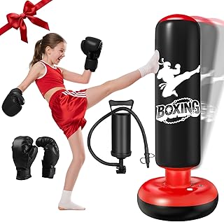 Ninonly Sacco da Boxe per Bambini 160cm Sacco da Boxe da Terra Bambini con Guantoni da Boxe Pungiball Gonfiabile e Ragazze Età 3-12 per Praticare Karate, Taekwond