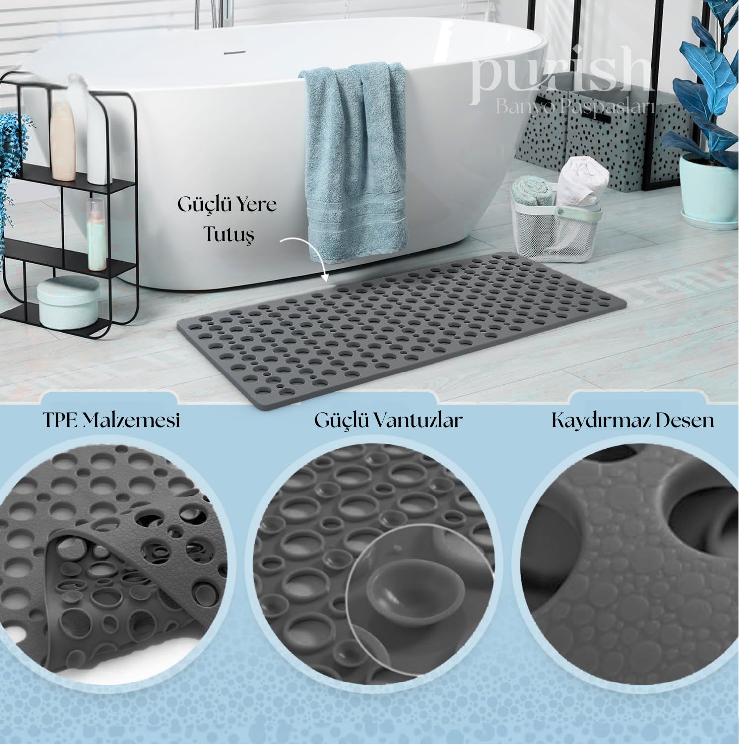 Purish | Kaymaz Banyo Paspası | Antrasit Gri | 66x36cm – Dikdörtgen Duş Matı, Küvet Paspası | Güçlü Vantuzlu, Su Tahliyeli, Yumuşak | Makinede Yıkanabilir | Kaydırmaz Zemin Matı (Antrasit Gri)