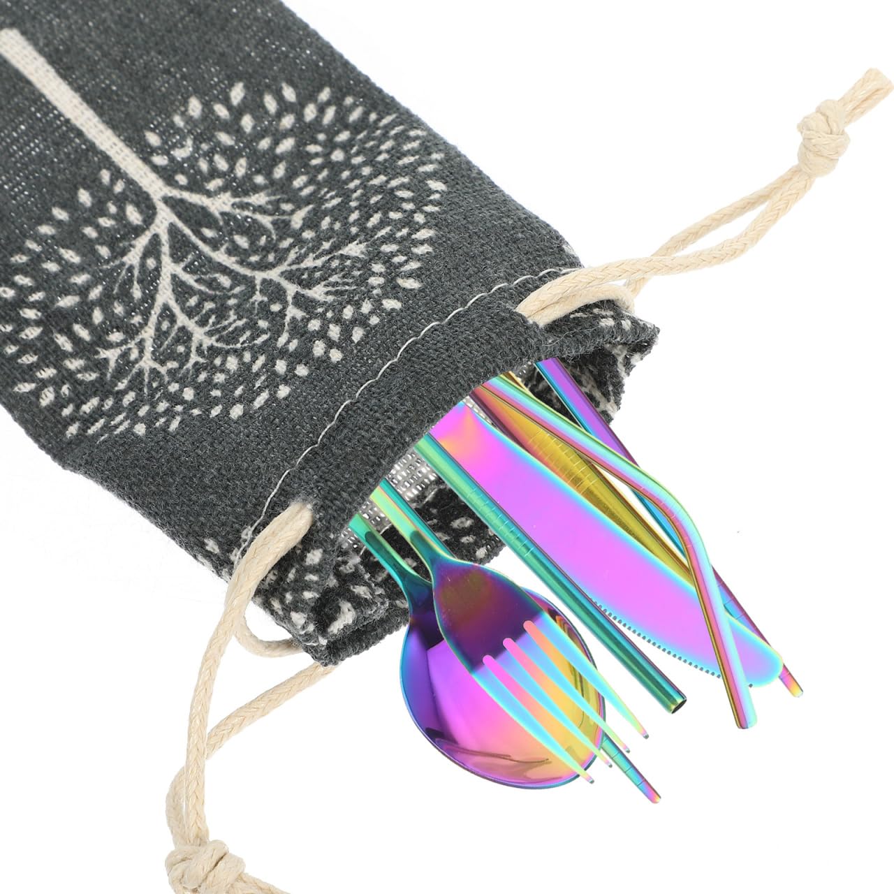 Healeved Bolsa de almacenamiento reutilizable con cordón de 26 x 6 cm, funda de transporte ligera para tenedor y cuchara, juego de 5