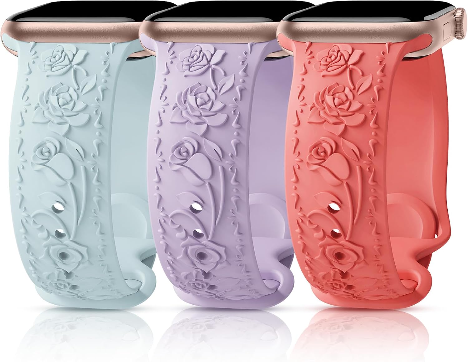 3 Packs Floral Engraved Bands Compatible with Apple Watch Band 40mm 41mm 38mm 42mm 44mm 45mm 49mm for Women, Silicone Cute Embossed Rose Apple Watch Band for iWatch Series 11 10 9 8 7 6 5 4 SE Ultra