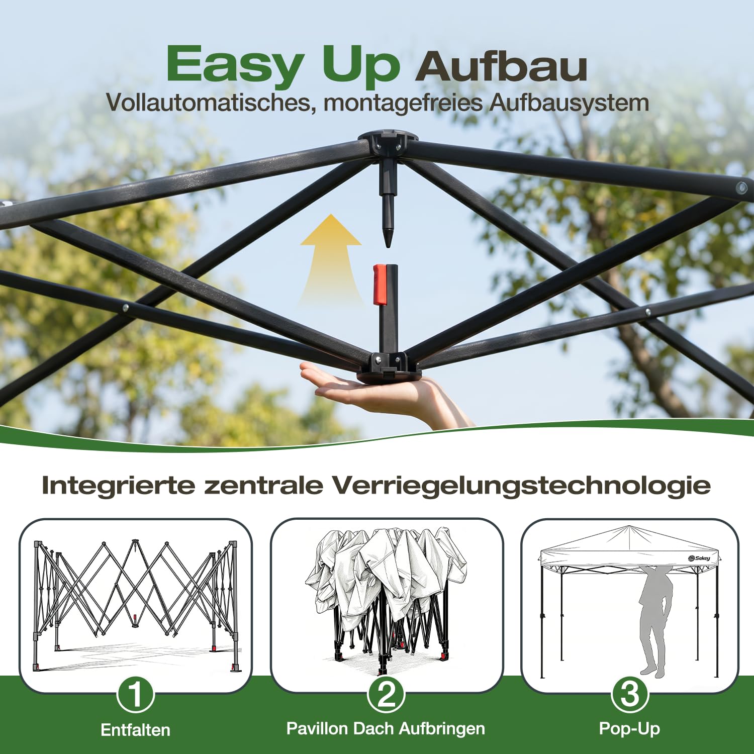 Sekey Pop Up Pavillon 3x3 Wasserdicht Stabil, Faltpavillon 3m x 3m mit Seitenwänden, Partyzelt Faltbar für Camping Party, Stufenlos Höheverstellbar 250 bis 270cm (Anthrazit, 3 x 3 m)