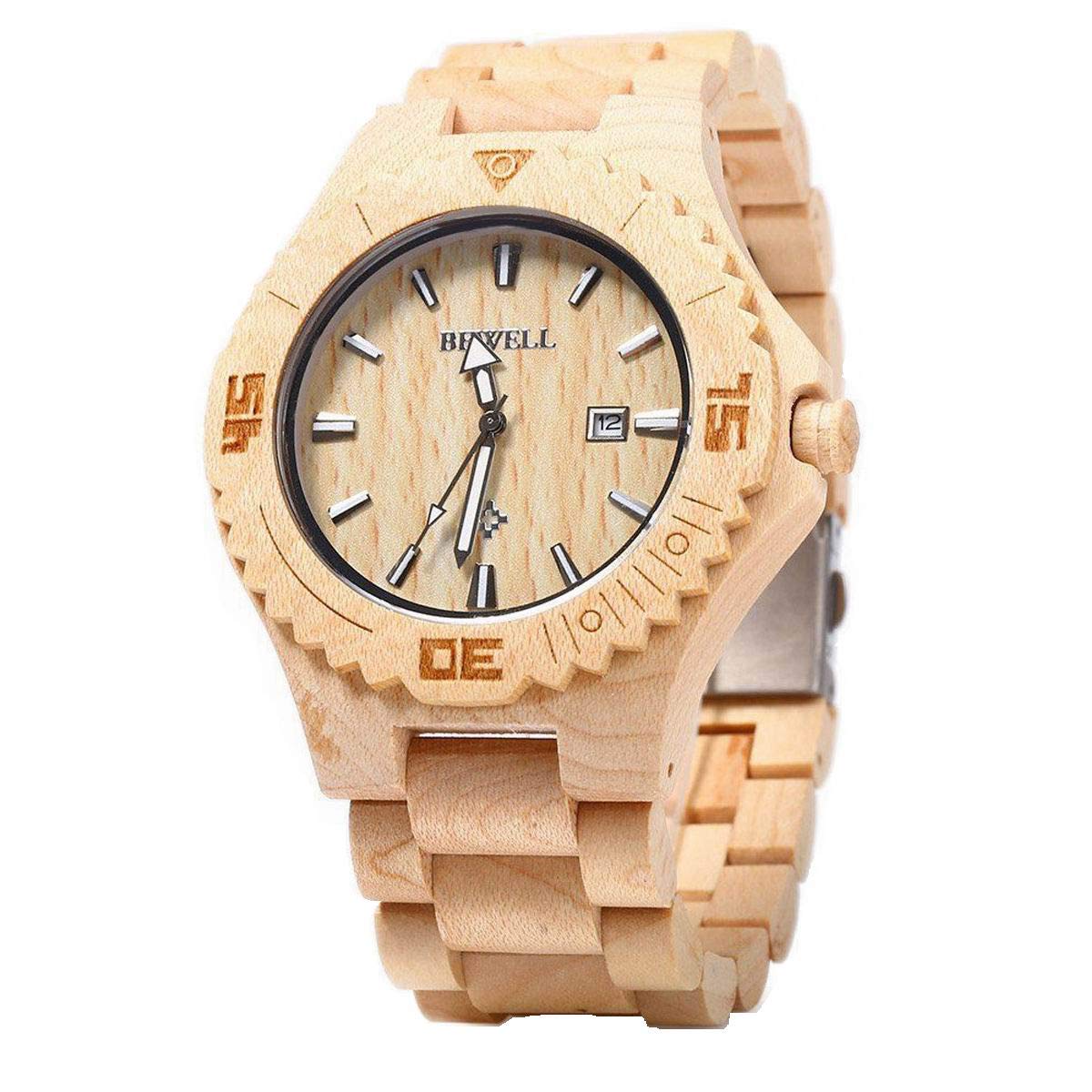 Bewell Wooden Watch Men Women Natural Maple Wood Japan Movement with Calendar Date Function Beige