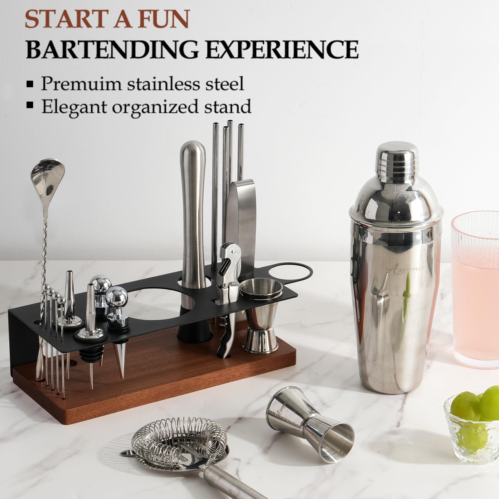 23-teiliges Barkeeper-Set, Cocktail-Shaker-Set mit Ständer|Bar-Getränkemixer-Set mit allen wichtigen Bar-Tools: Martini-Shaker, Sieb, Löffel, Stößel, für Zuhause, Bar, Party (braun-F)
