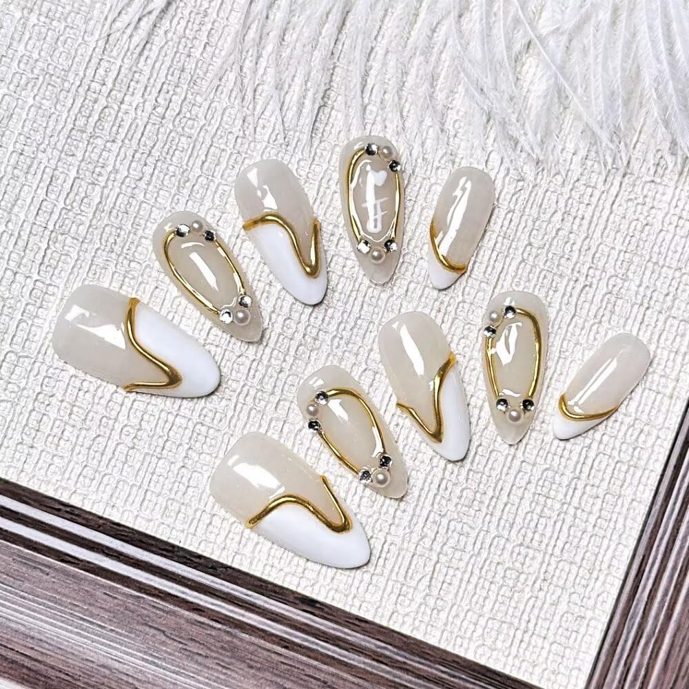 Small MAGLFELL Women Press On Nails - White Almond False Nails 10Pcs Luxury Handmade 3D Painting Art ABS Acrylic Artificial-S size