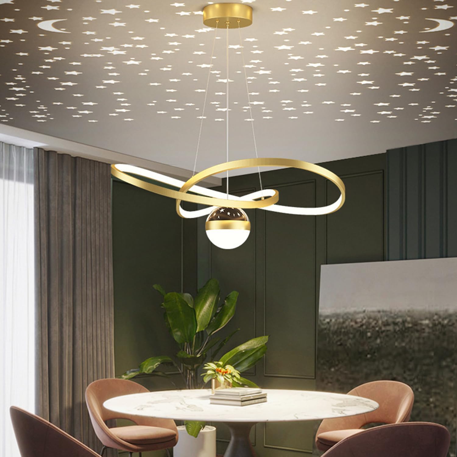 Aleaty Dining Table Lamp LED Modern Pendant Lamp with Remote Control Pendant Lamp Living Room Modern 40W Starry Sky Converged Chandelier Dimmable Pendant Lamp for Dining Room (Gold)