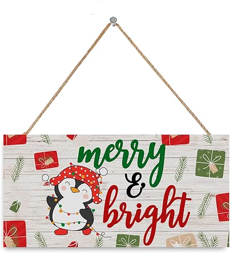 Letrero decorativo de Navidad Merry & Bright para el hogar y la oficina, decoración rústica de madera colgante para puertapared con pingüino, luces