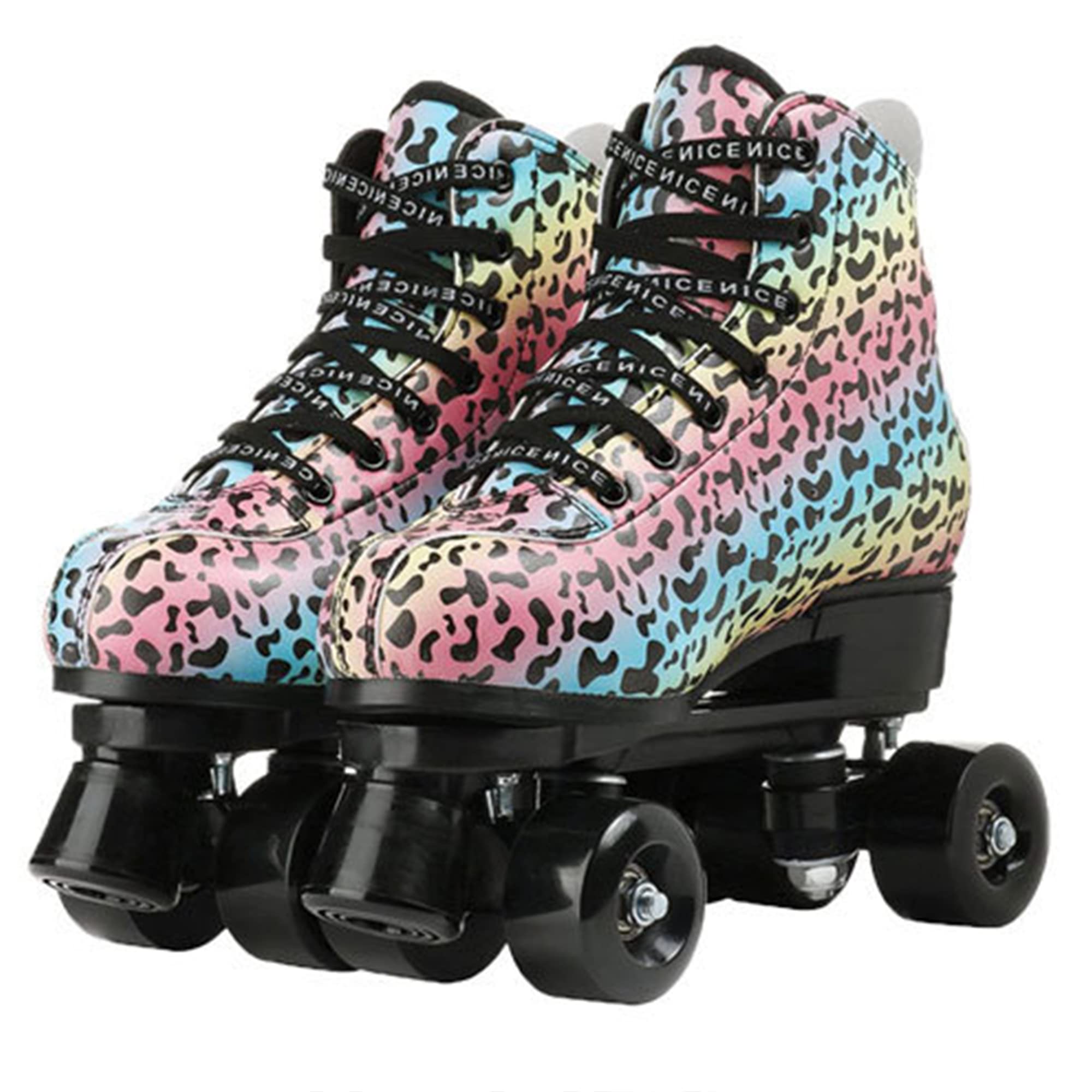 Patins à roulettes à la Mode pour Adultes, Tige en Cuir PU Léopard de Couleur, Bottes à roulettes Classiques à Double Rangée pour Débutants en Plein Air, Femmes, Hommes et Garçons, Filles