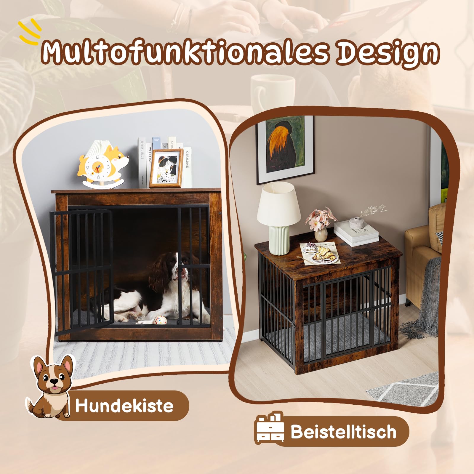 Hello-5ive Grande cage pour chien en bois avec double portes, niche d'intérieur robuste avec plateau amovible pour chiens de petite, moyenne et grande taille, table d'appoint d'appoint, 97,5 x 59 x