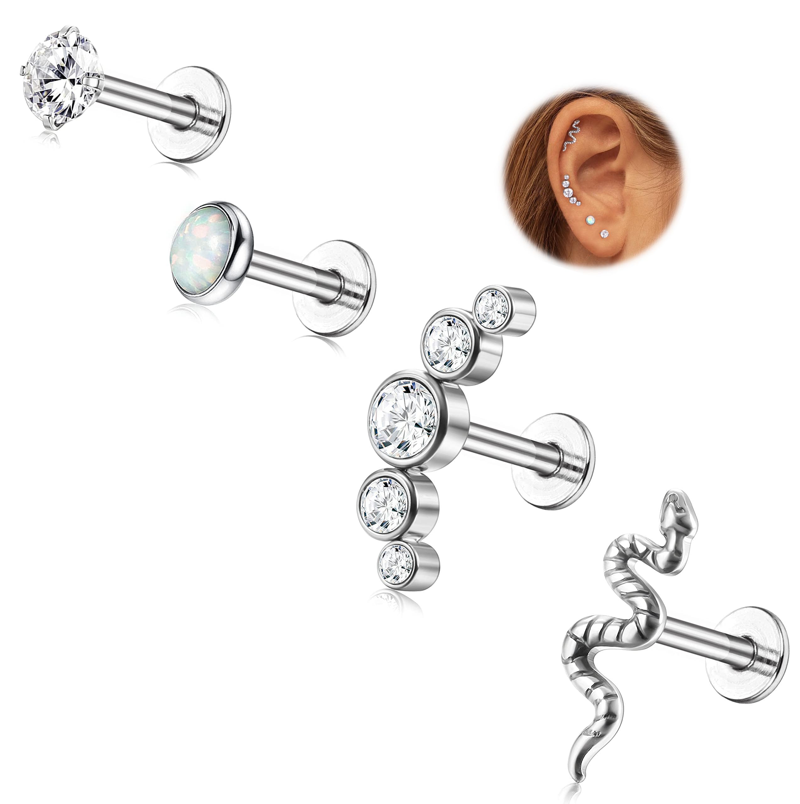FIOROYAL 4 Piezas Tragus Cartílago Piercing Oreja Titanio 16G Piercing Helix Stud Pendientes para Mujer Hombre Hipoalergénicos Medusa Flatback Piercing Roscado Internamente Labio Nariz Piercing