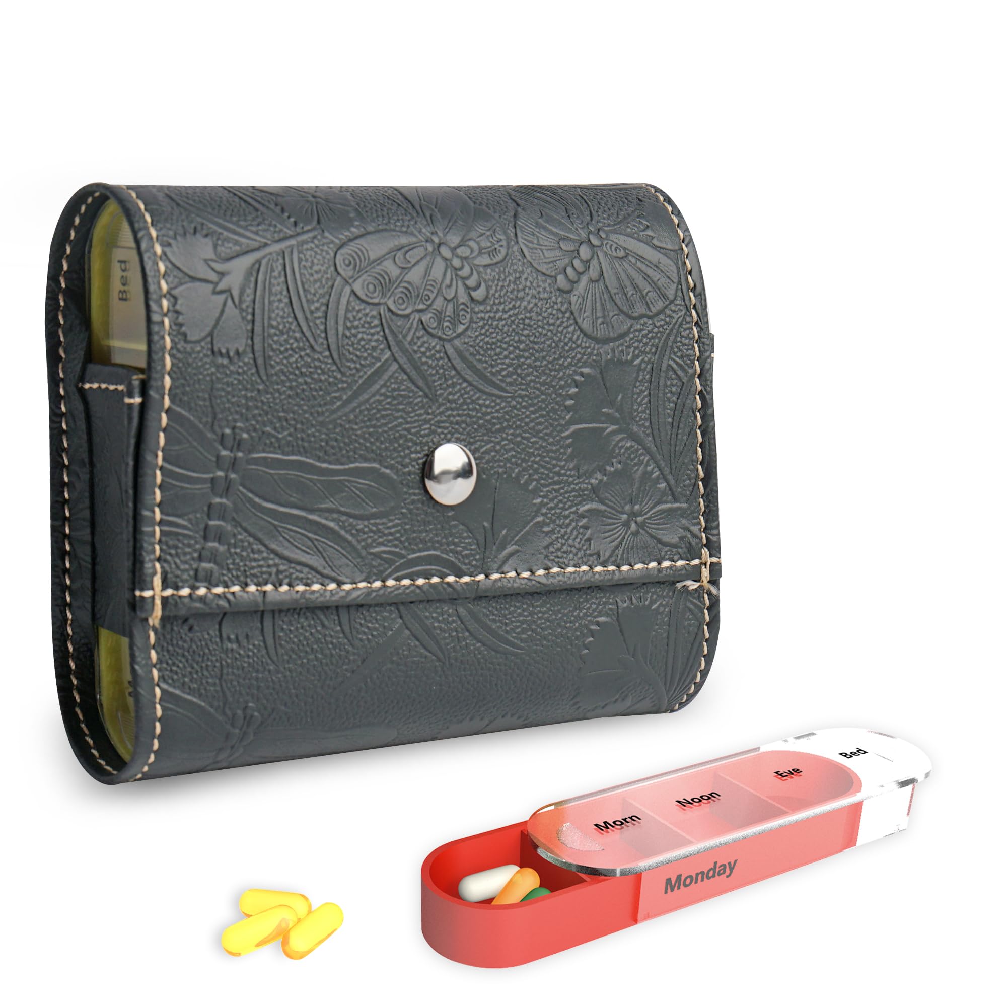Pilulier 7 jours 4 compartiments avec pochette cuir synthétique et carte - 8