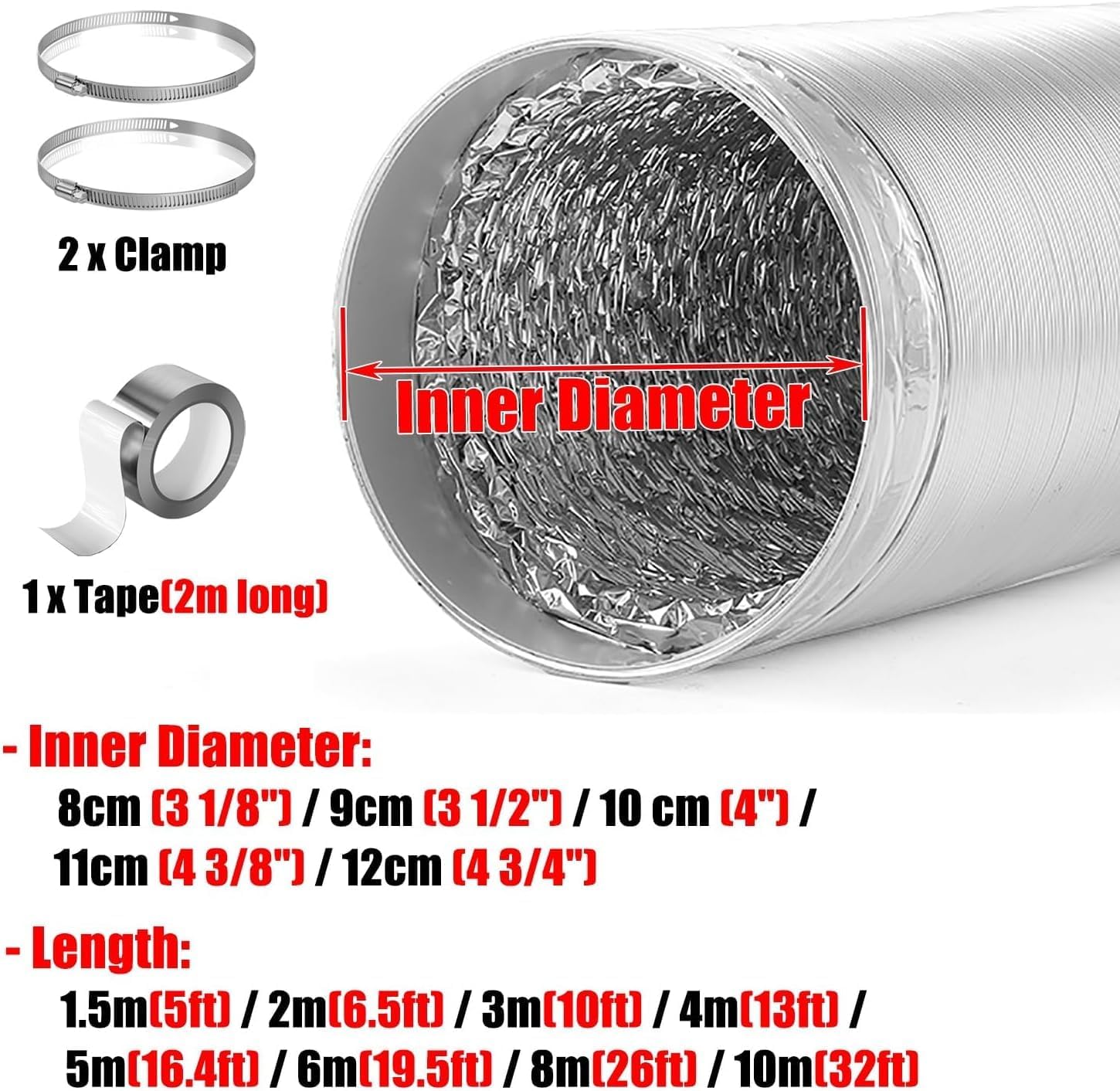 Extra Long DIY Dryer Exhaust Hose, Flexible Dryer Vent Hose with Clamp ＆ Tape, Exhaust Pipe for Kitchen Grow Tent Bathroom Fan Tight Space(11cm(4 3/8"),Length-1.5m(5ft))