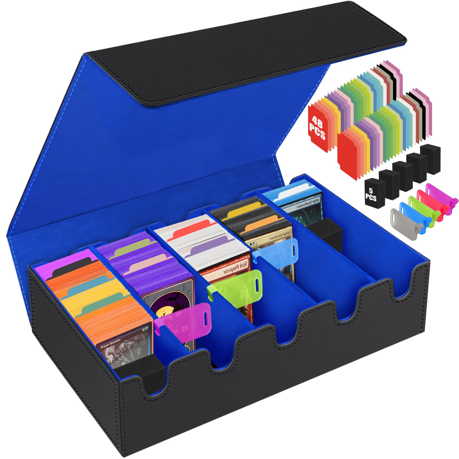HIMOMO 5-Row Vertical Trading Card Storage Box, Magnetic Lid Deck Case with 48 Paper Dividers & 5 Plastic Separators, PU Leather Holder for MTG & TCG Cards, Black & Blue