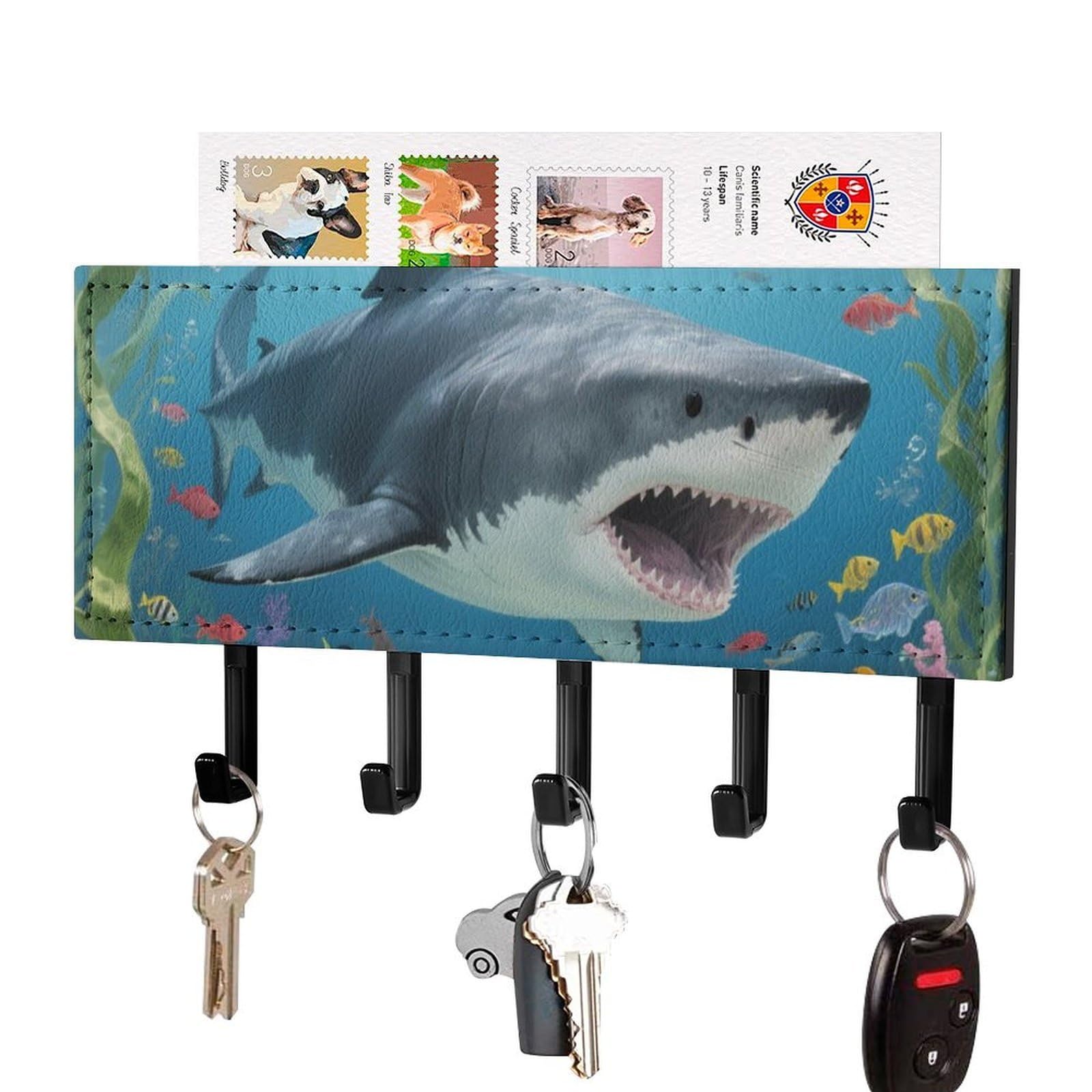 DWVTSLH Sharks Key Holder for Wall, Decorative Key Hooks with Mail Organizer & 5 Hooks, Self Adhesive Leather Key Hanger for Entryway, Wall Mounted Key Rack (7.1” X 4.3” X 0.9”)