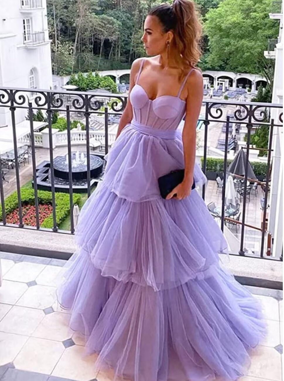 Women's Tulle Prom Dresses 2026 Long Ruffles Bow Spaghetti Straps Corset Tiered Formal Evening Party Gowns