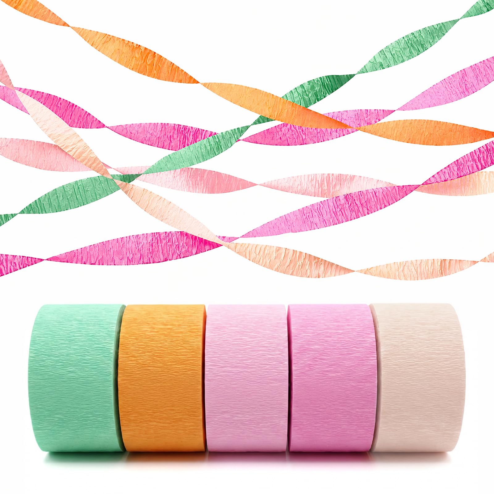 Solvio Pink, Orange, White, Rose And Sage Green Premium Crepe Paper Streamers Party Decorations, 5 Rolls Pastel Colors For Birthday Decorations, Spring Garden Party, Wedding, Bridal Shower, Engagement And Baby Shower Decor