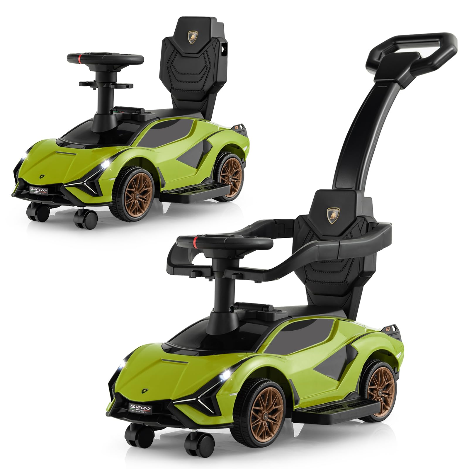 COSTWAY 3 in 1 Ride on Push Car, Licensed Lamborghin Foot to Floor Slider with Removable Handle & Guardrail, USB, Headlights, Music, Under Seat Storage, Toddler Sliding Car for 18-60 Months (Green)