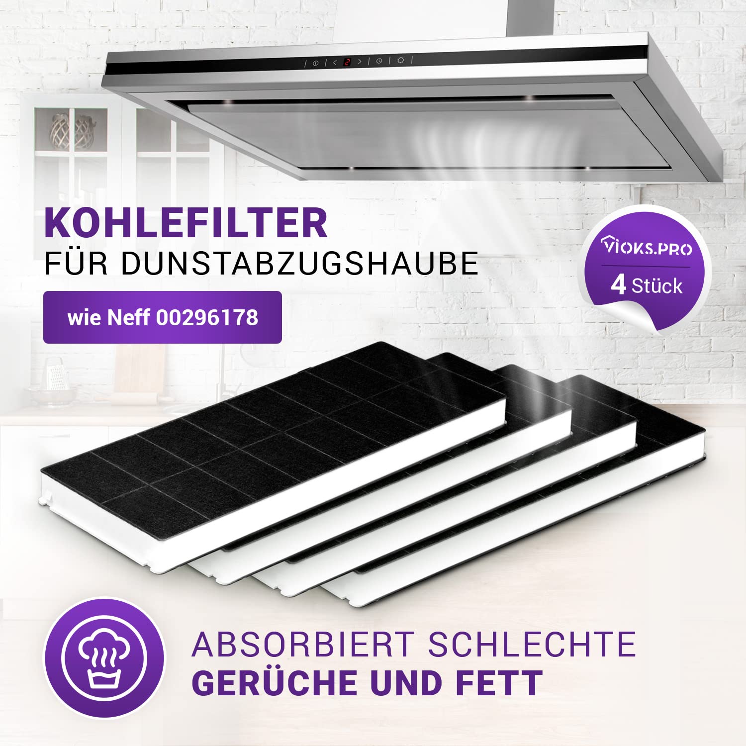Viоks.pro 4x Kohlefilter 430x175 mm Abzugshaube Ersatz für Neff 296178 | Aktivkohlefilter, für Bosch Siеmens Dunstabzugshaube