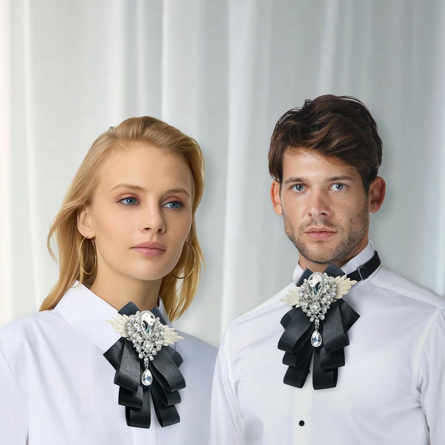 Black Bow Tie for Women and Men, Rhinestone Bow Tie, Self Tie Adjustable Satin Ribbon Bowtie for Tuxedo Shirt, Wedding, Church, Party, School Uniform