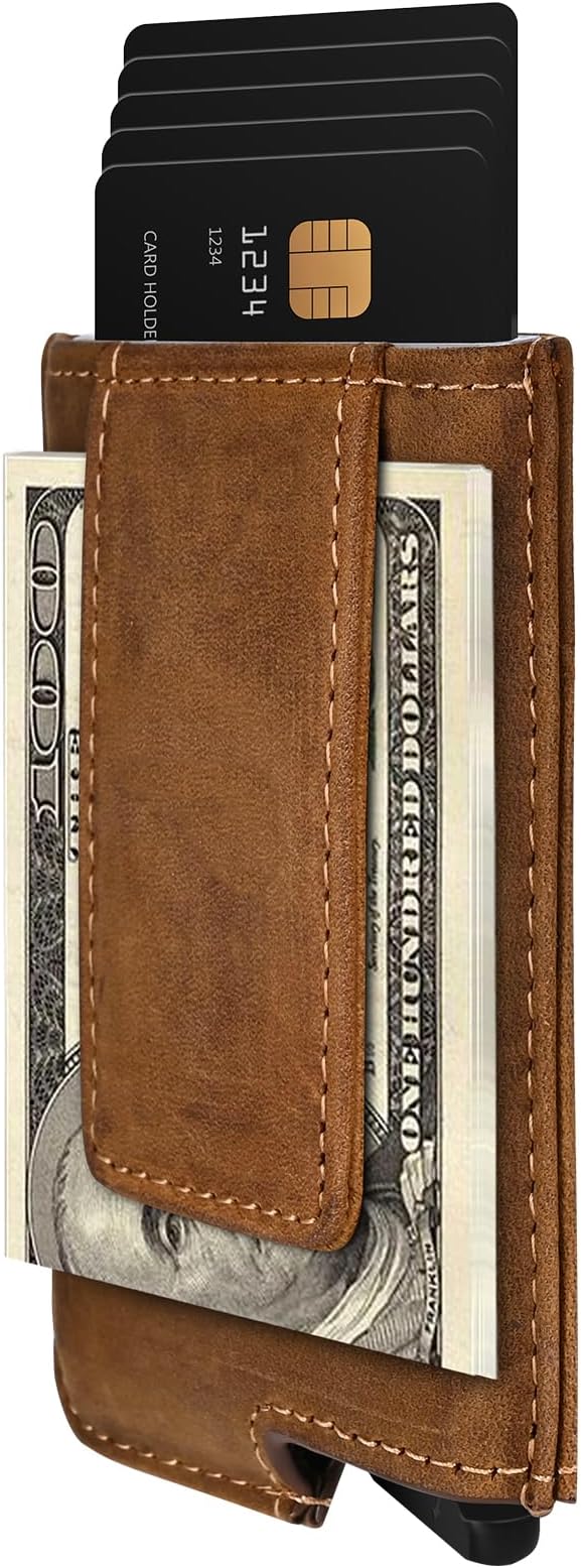 RFID Blocking Slim Money Clip Aluminum Wallet Automatic Pop-up Card Case (Texas Brown)