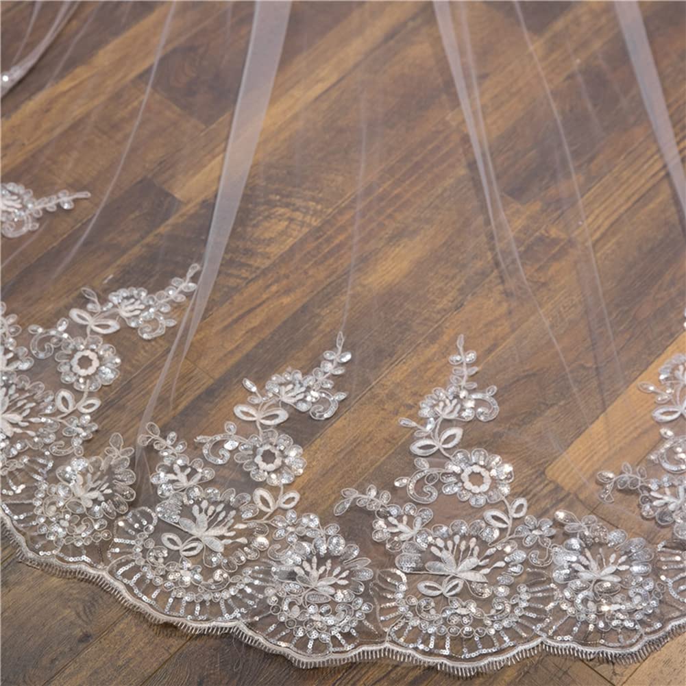 3M Lange Hochzeitsschleier Kirche Hochzeit Brautschleier Tüll Kante Appliques Schleier mit Kamm Spitzen -Pailletten Softtüll für Braut Fotostudio Hochzeitskleid Zubehör Elfenbein