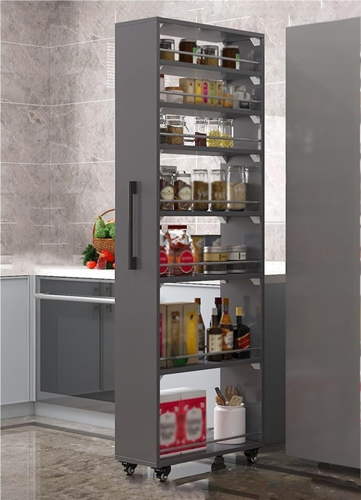 Carrello da cucina sottile con ruote, 184 cm, a 7 ripiani, in legno, con manico, colore: grigio, ideale per piccoli e frigoriferi