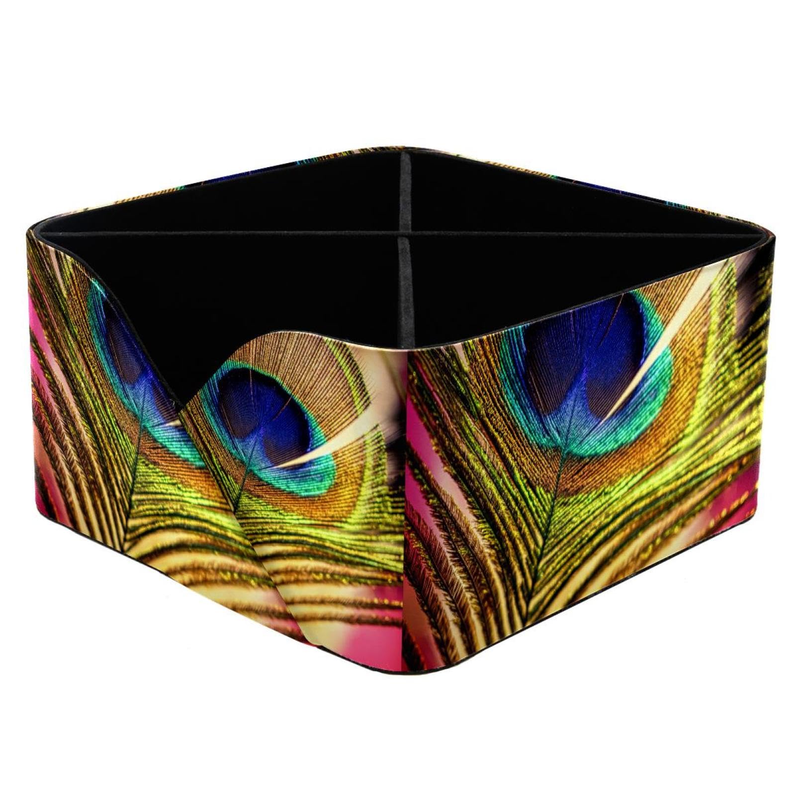 KengjuTesu Peacock Feathers Desktop Organizer Pen Holder, Rectangular Pencil Cup for Office, Study and Makeup Stations