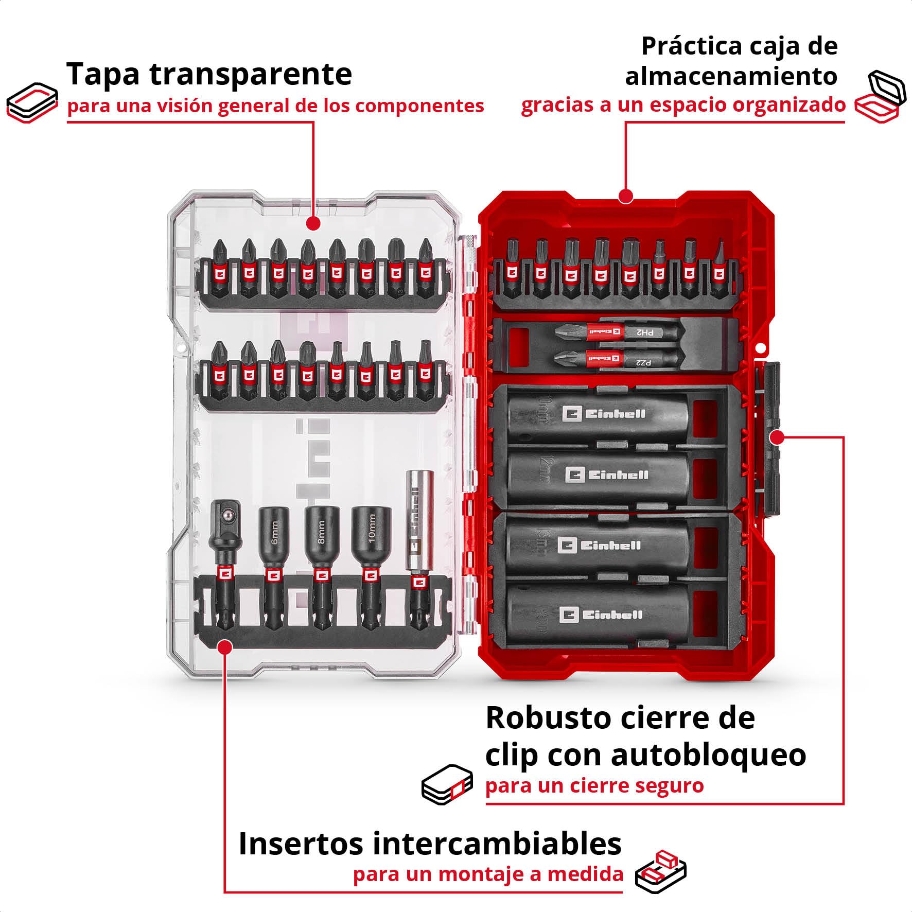 Einhell M-CASE - Juego de 35 brocas de impacto y llaves de vaso (puntas de 25 mm, puntas de 50 mm, llaves hexagonales, enchufes largos, adaptador de enchufe, soporte de brocas de 60 mm, incluye caja