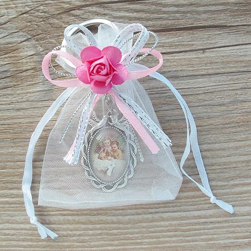 Miniatura 4 de WE 12 llaveros de bautismo con bolsas de organza para niña - Recuerdos de mi Bautizo / Bautizo, Rosado