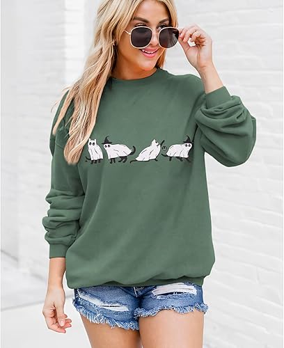 Miniatura 3 de BOUTIKOME Sudaderas de Halloween para mujer, diseño de gato espeluznante, manga larga, cuello redondo, suéter suelto para otoño