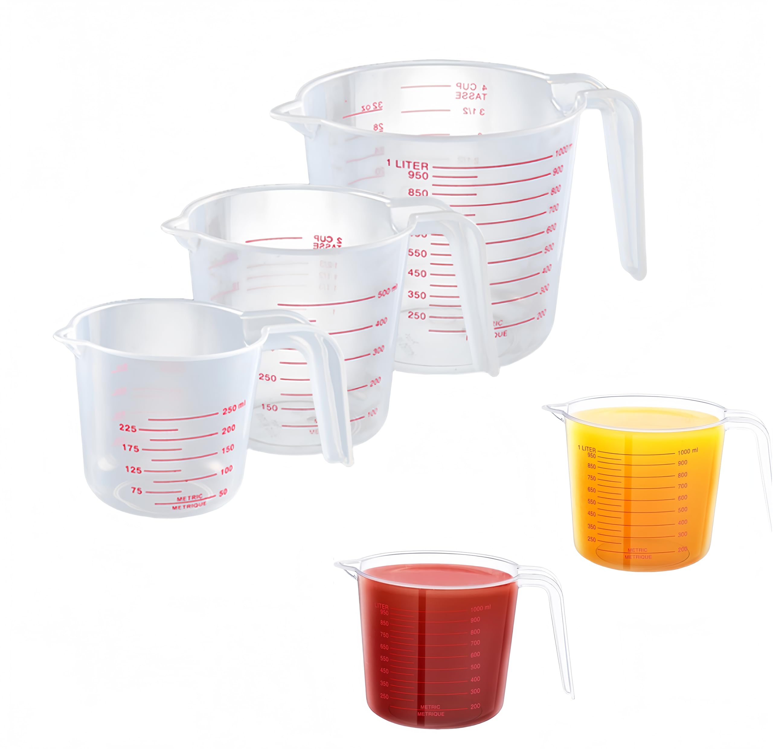 Measuring Cup Set,3 Piece Plastic Liquid Measuring Cups, 250/500/1000ml,Stackable Clear Measuring Jug Durable Graduated Liquid Cup for Cooking Preheated Oven Safe,Essential Kitchen Tools