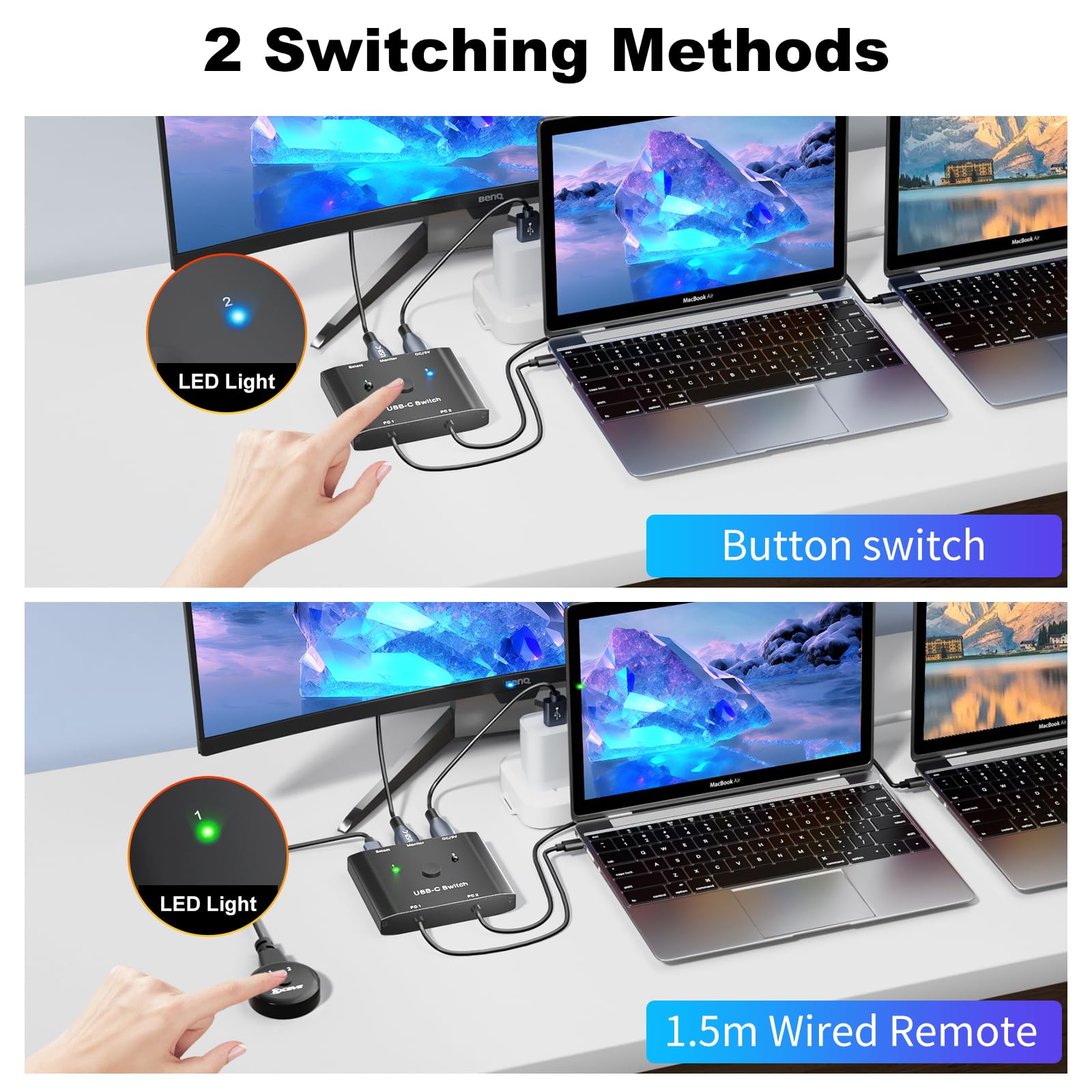 USB C Switch 2 in 1 out, KVM Switch USB-C for 2 Laptops 1 Monitor, 4K@120Hz, 10Gbps, 100W PD, USB3.1 Gen 2, Wired Remote(4K USBC 2 in 1 out KVM)