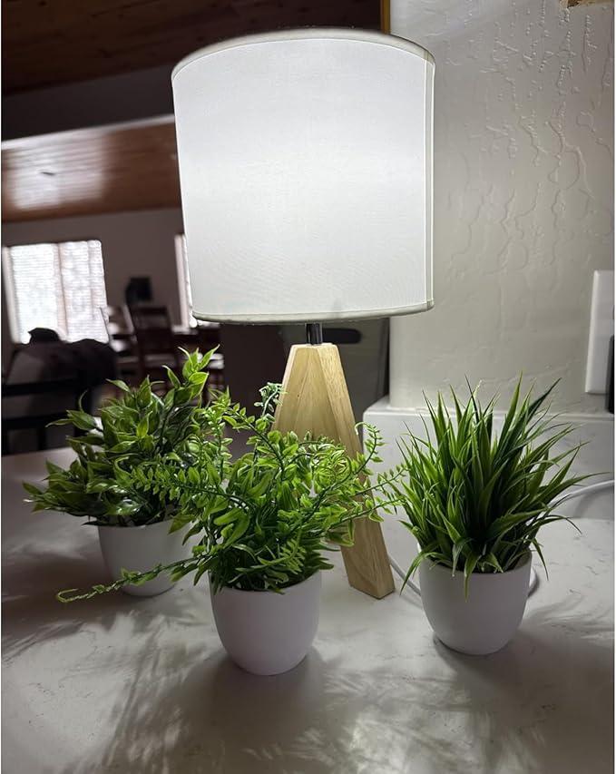 YSJUENAII Modern Small Tripod Table Lamp with Wooden Base, White Fabric Shade, Bedside Desk Light (Beige) photo 3