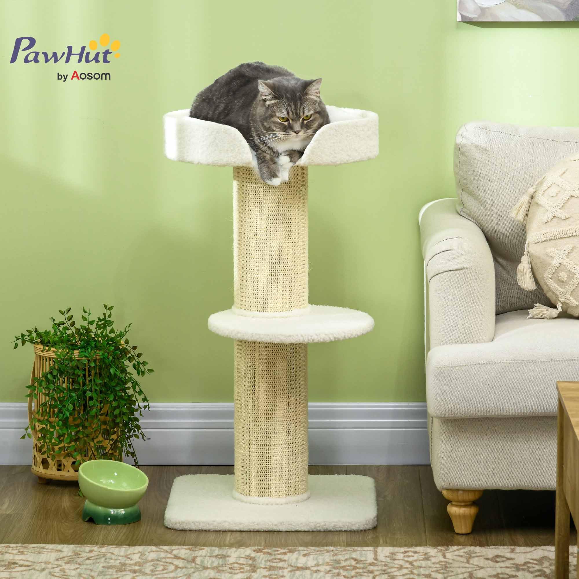 PawHut Albero per Gatti Palo da graffiare per Gatti Tessuto Fibbia, Centro attività 2 Piattaforme Altezza 91 cm Crema