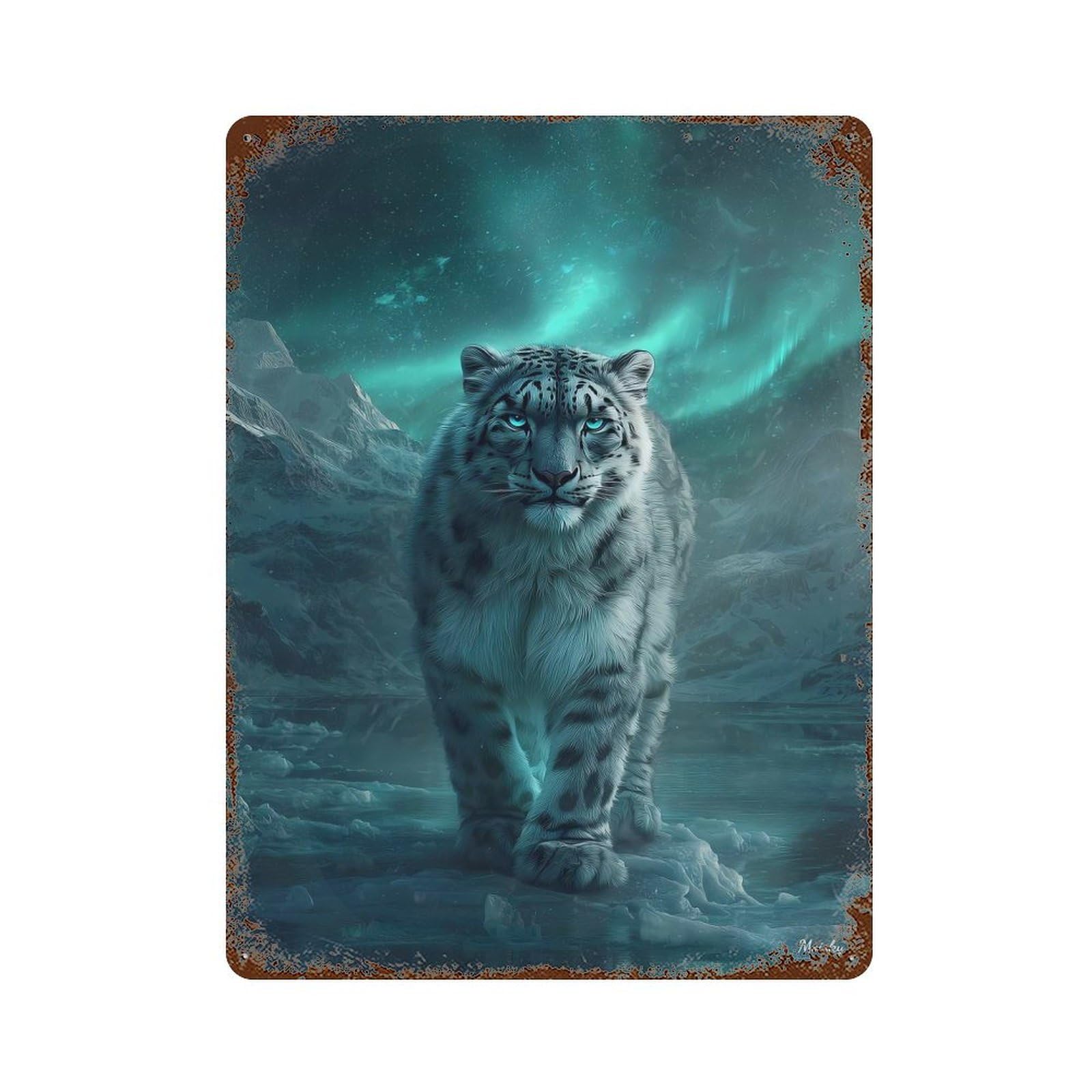 Garage Style Silent Sentinel – Ethereal Wilderness Snow Leopard Vintage Rust Metal Sign 15.7"x11.8", Vintage Wall Decor for Bar And Workshop