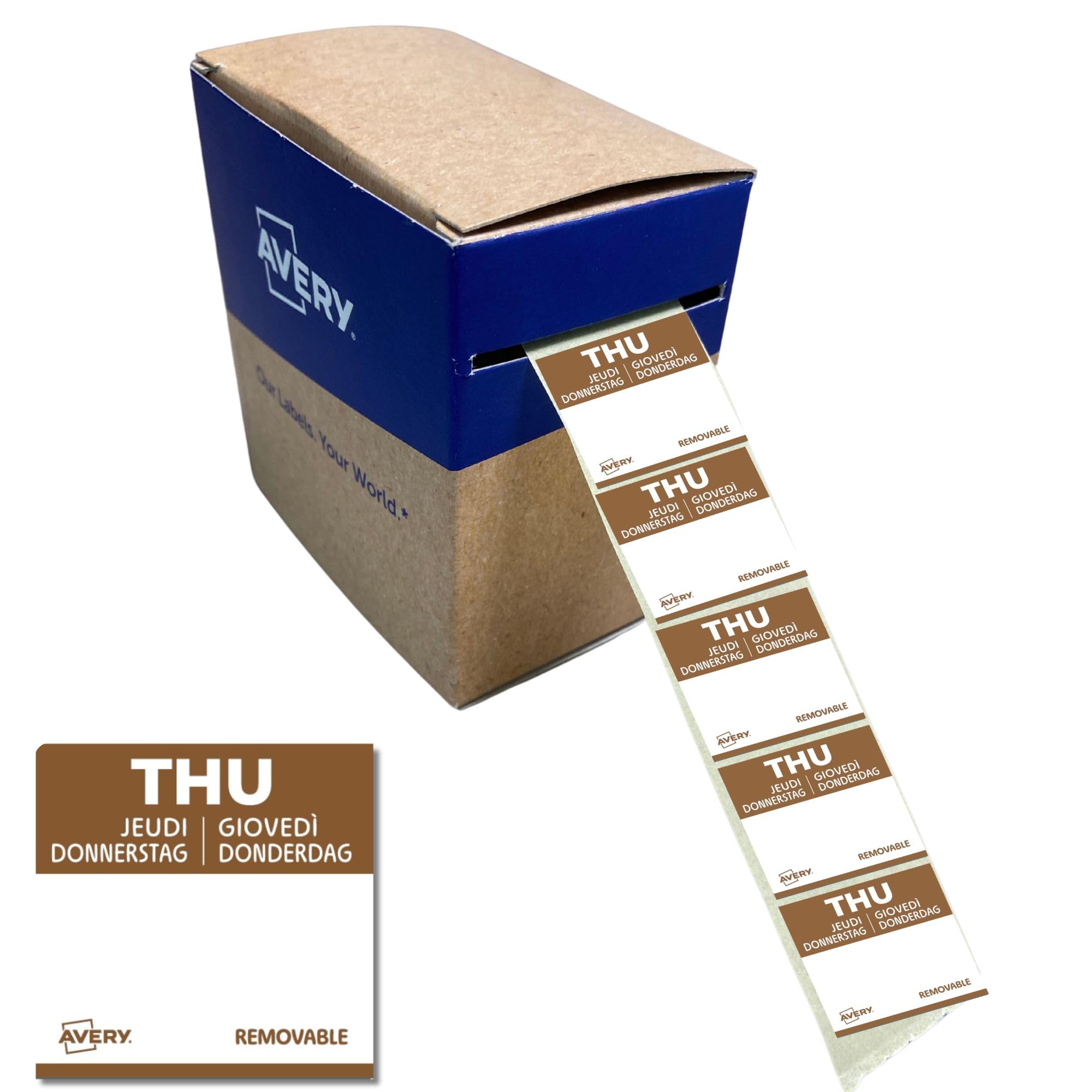 Avery Removable, Hand Writable, Food Day Labels, Thursday, Strong Adhesive, 25 x 25 mm, Brown, 1000 Labels, Preprinted Design (DLSTHUREV-1000)