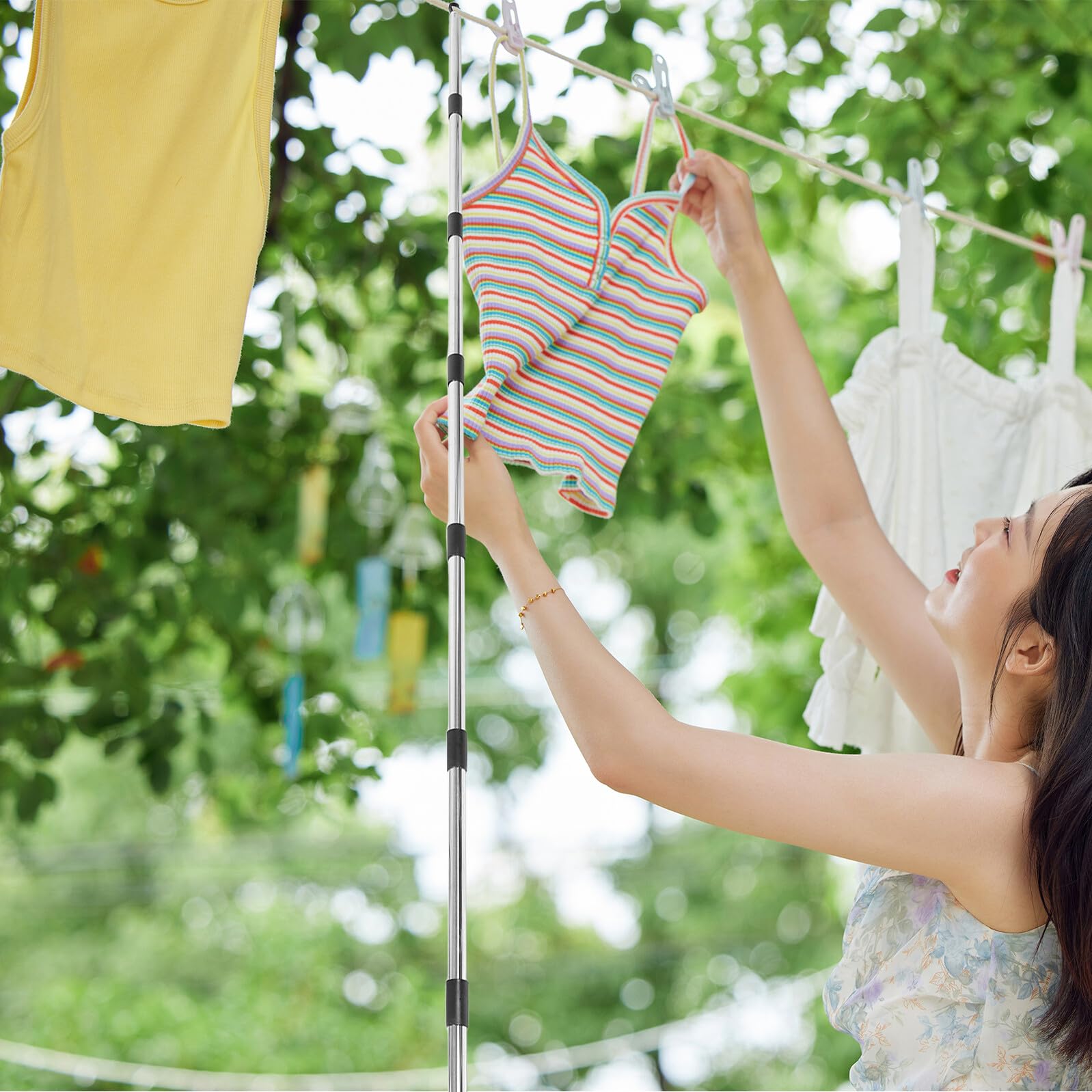 Outdoor Wäscheleinen Satz mit Wäscheklammern und Seil, 1 Satz | Edelstahl und Kunststoff, Silberfarben, Wetterfest und Tragbar, für Garten Sowie Balkonkleiderständer