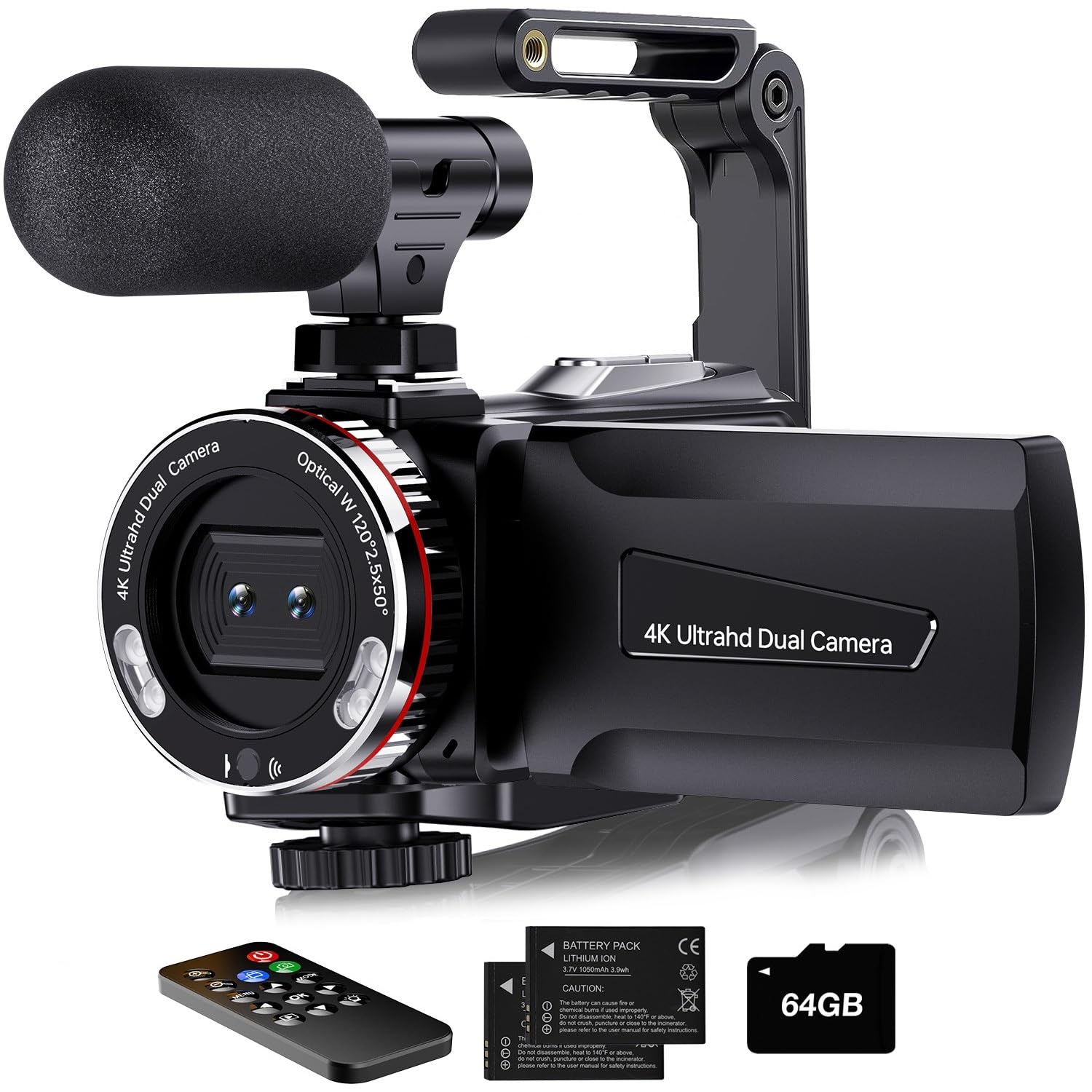 4K Video Camera Camcorder, 64MP UHD Vlogging Dual Camera for YouTube, 21X Digital Zoom IPS Screen Vlog Camera with External Microphone, Stabilizer, Remote, 2 Batteries, Remote, Memory Card