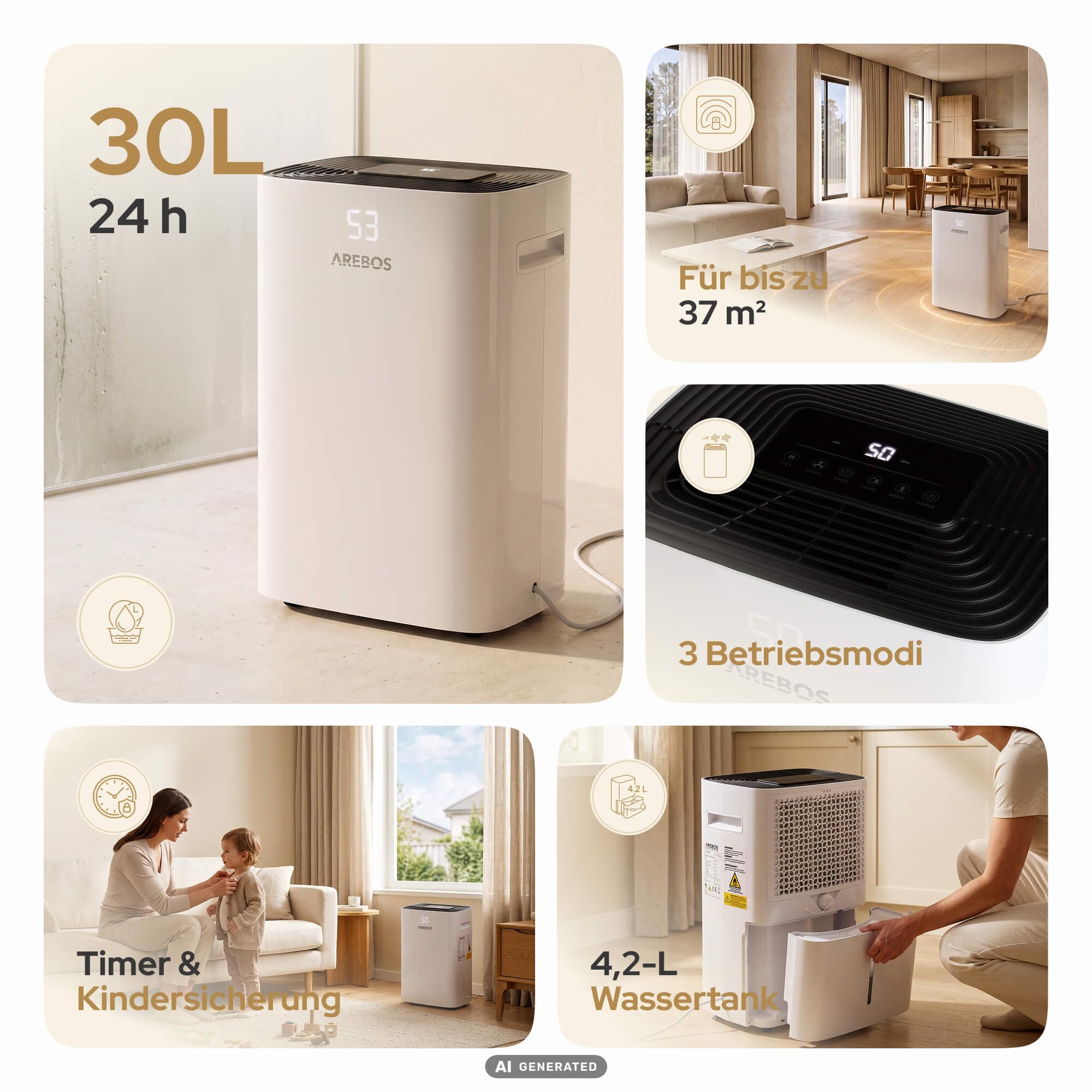 Arebos Luftentfeuchter elektrisch | 30 L/Tag, bis 37 m² | 4,2 L Tank | Weiß