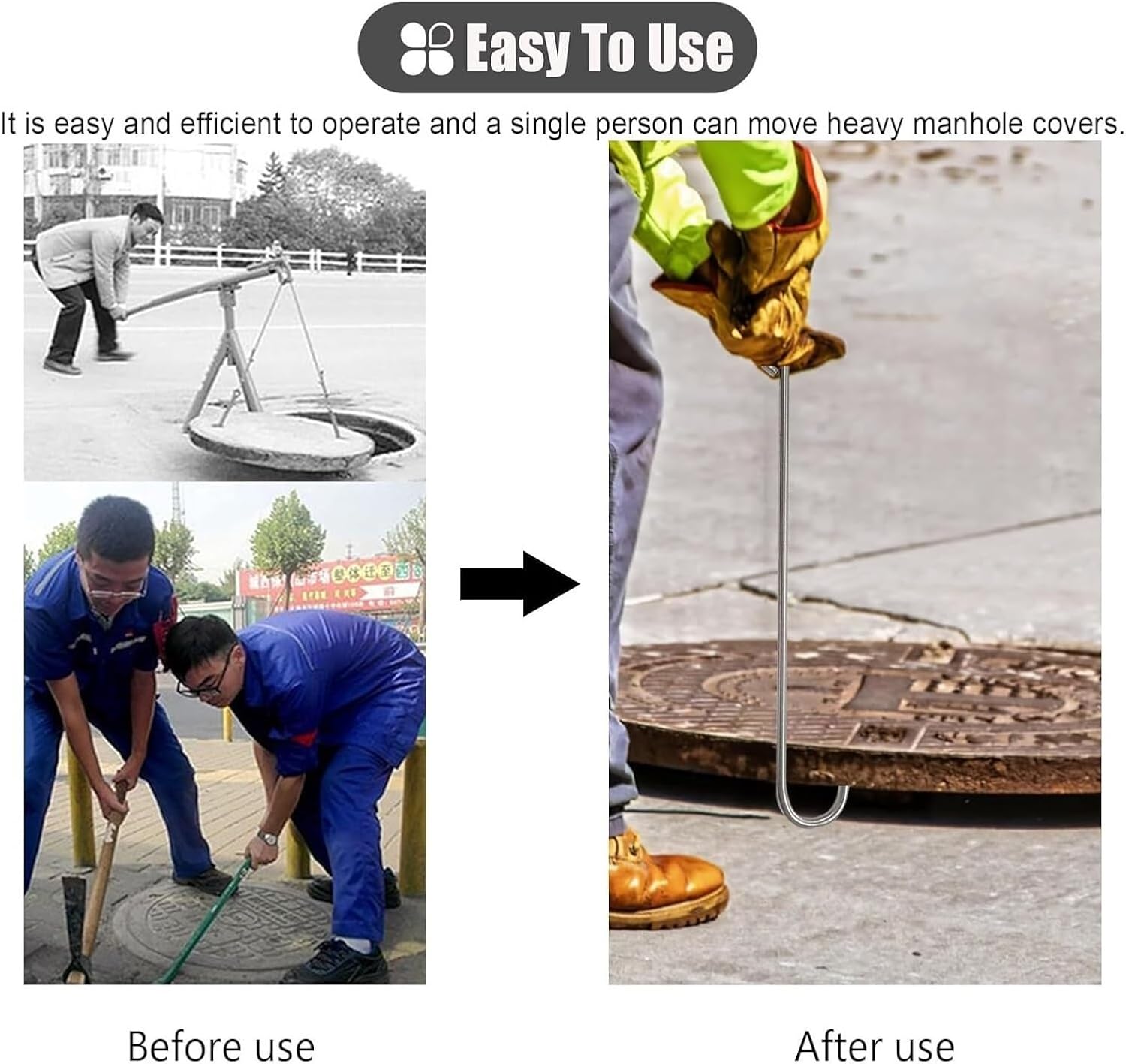 マンホールフックツール、マンホールリフター、 下水道用の頑丈なカバー引きフック、家庭用の大型ローラーシャッタードア引き手(120cm